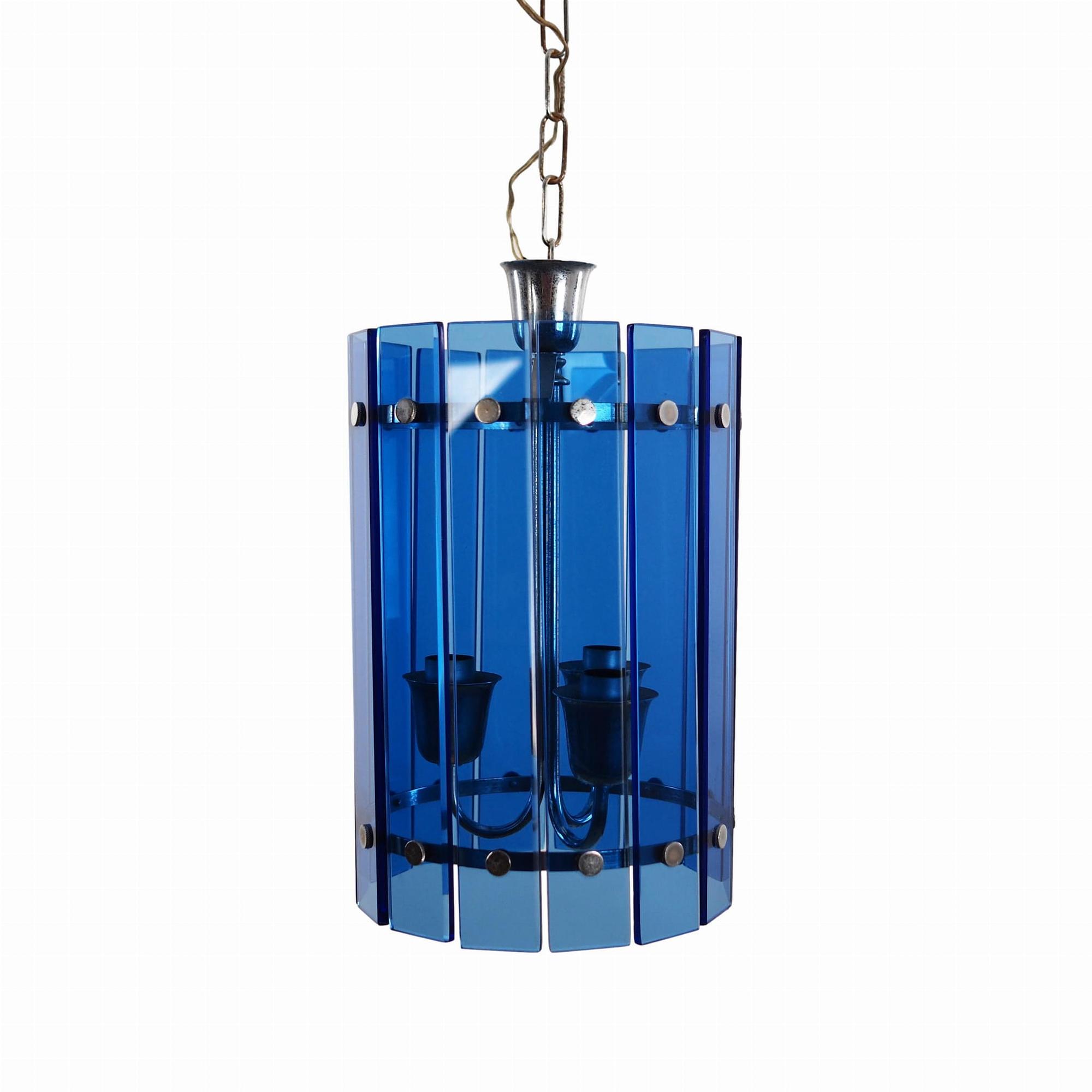Lampada a sospensione in vetro blu anni '70 0