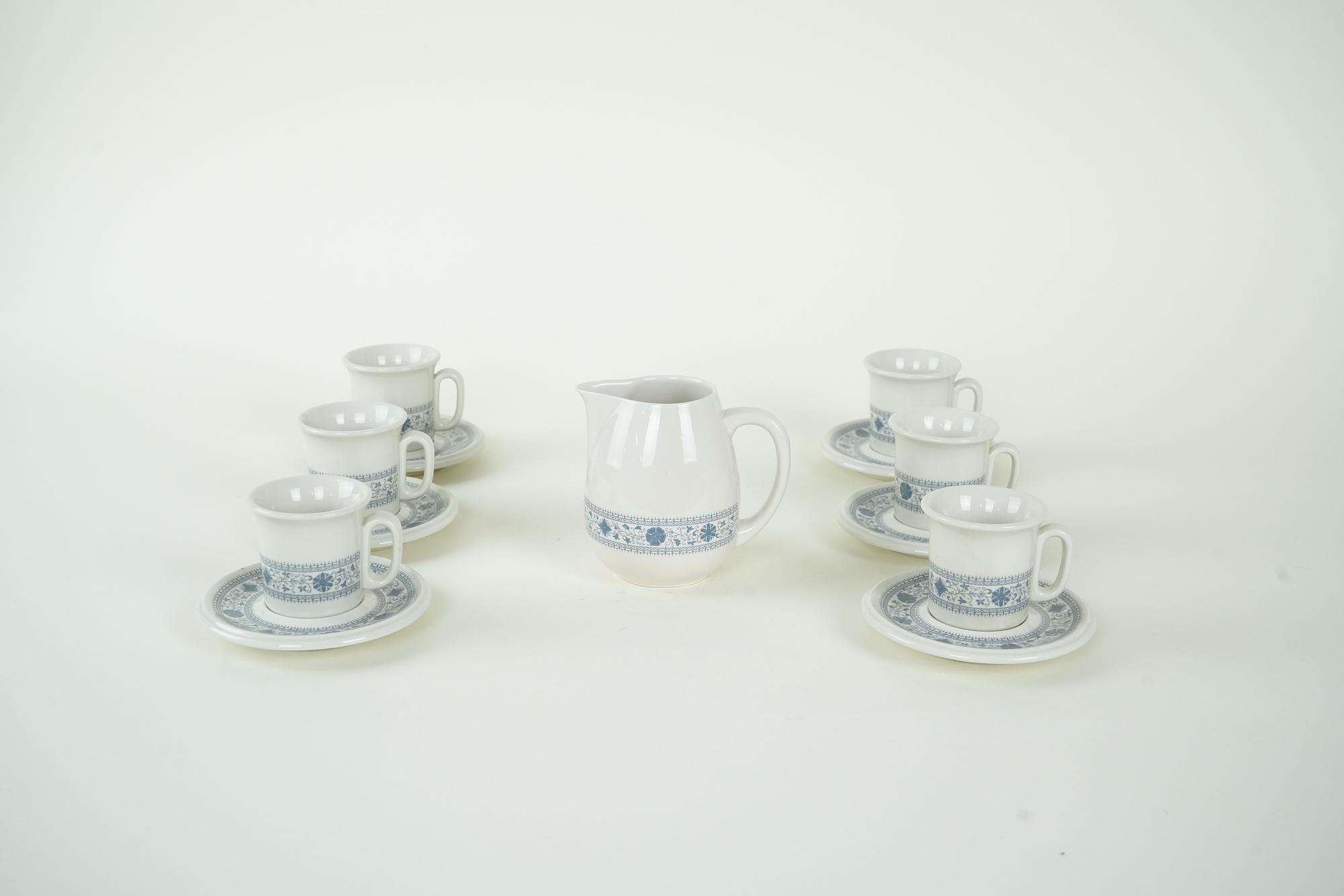 Vintage Tea Set of 13 Porcelain Ivory Blue 1970s 1