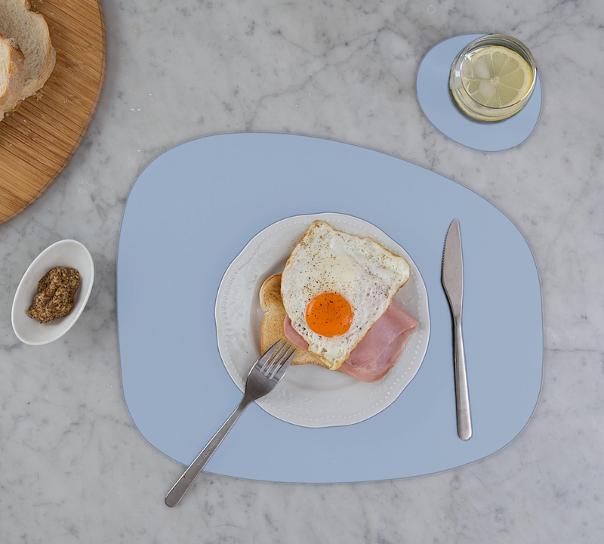 Stone placemat + 4x Coasters Recycled Leather Light Blue 0