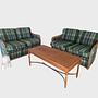 2x Vintage Sofa 2-Sitzer & Couchtisch Olivenholz Kariert 0