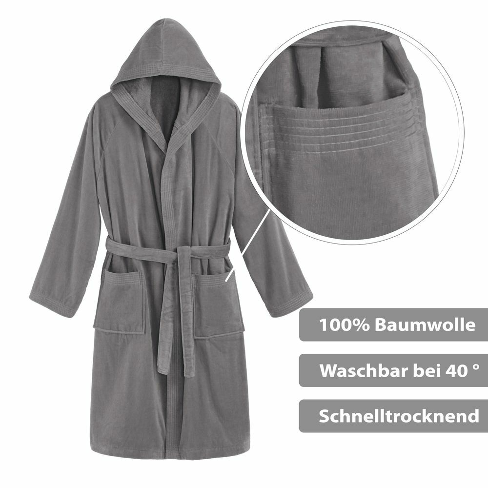 Unisex Bademantel Baumwolle mit Kapuze Grau Large 3