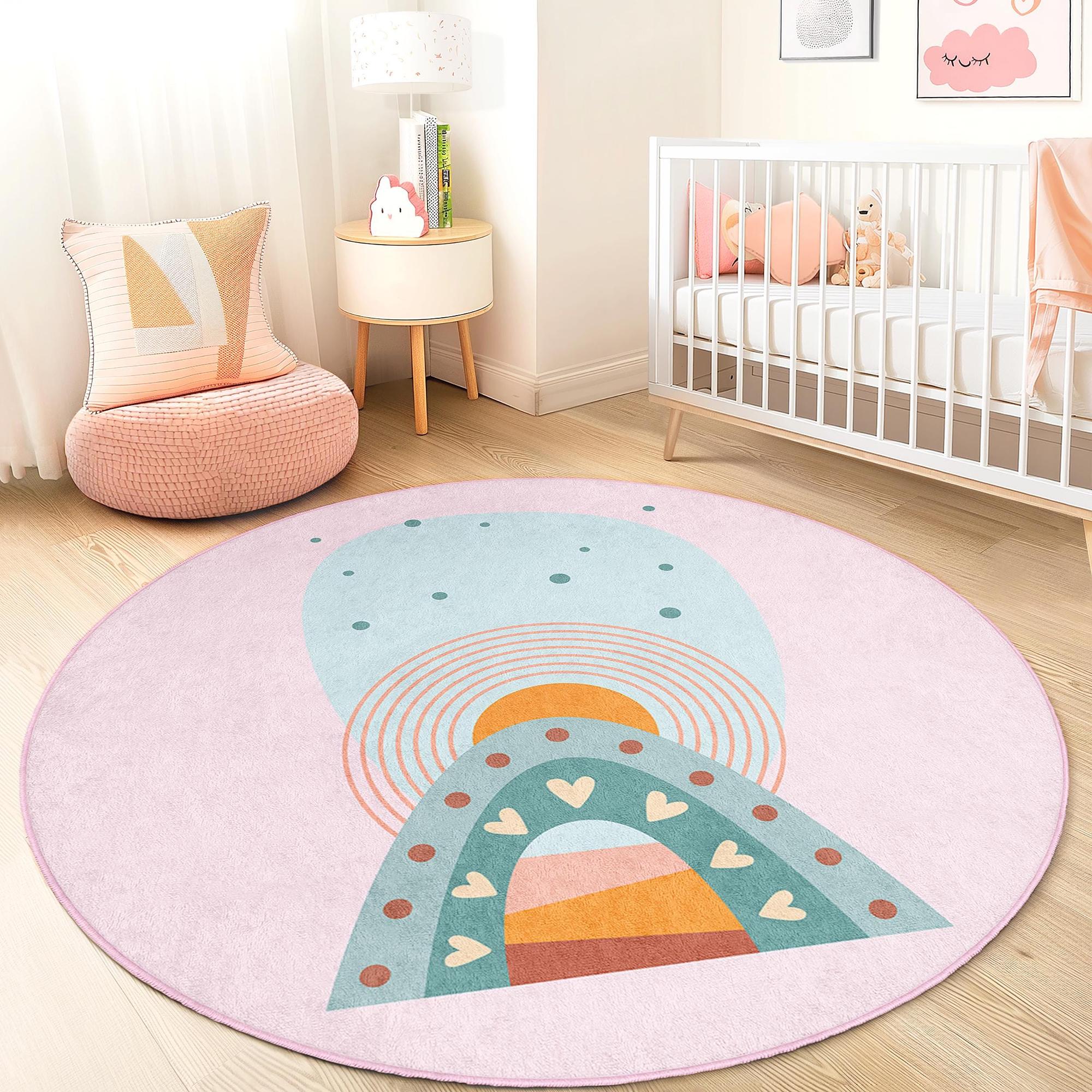 Rainbow-Heart-Circle Children's Rug Multicolor Ø150cm 1