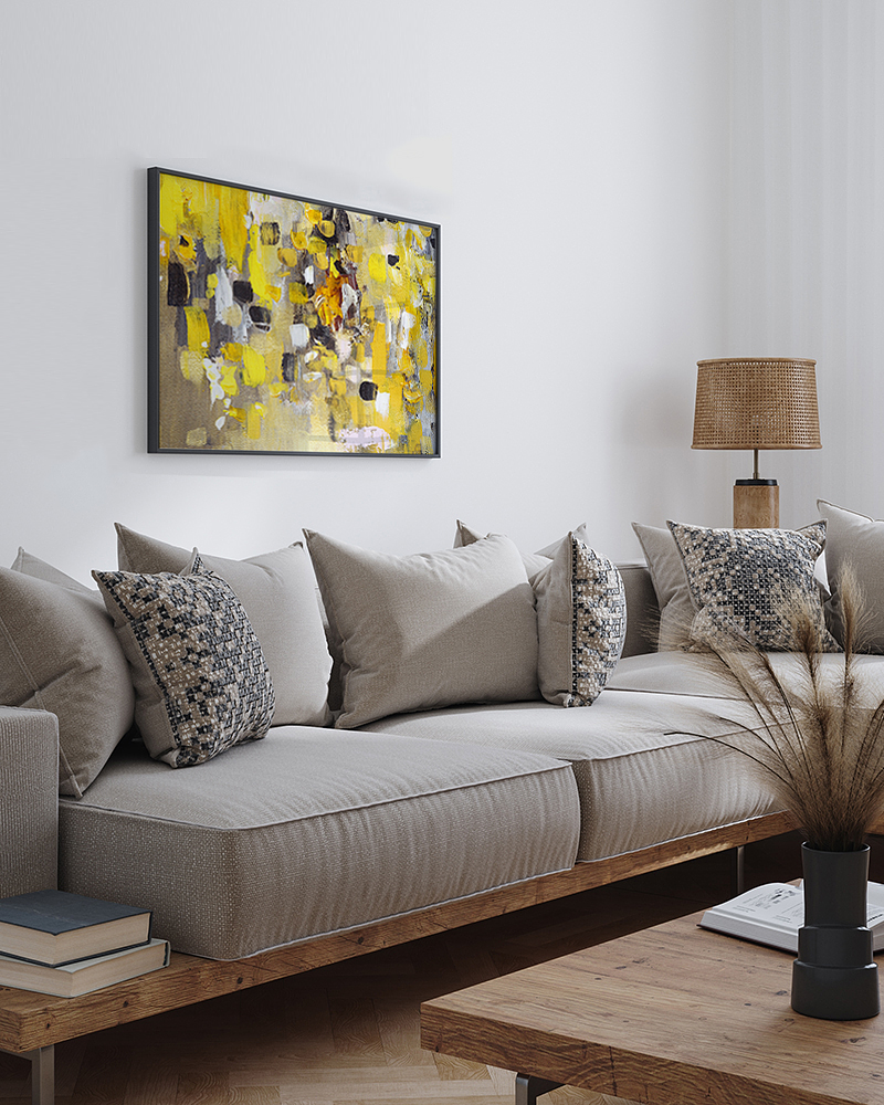 Abstract Yellow Drops Stampa d'arte con cornice multicolore 0