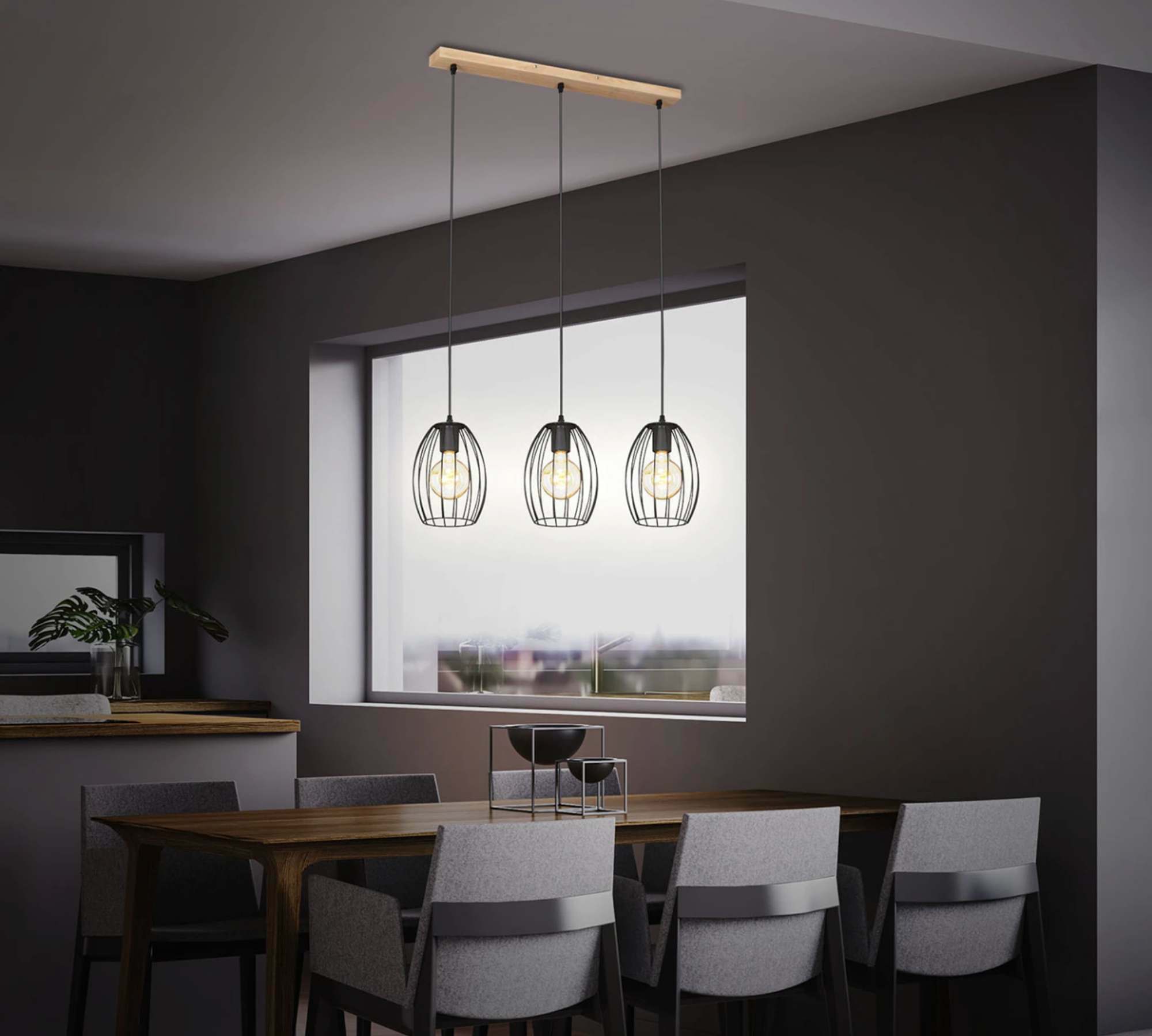 Pendant lamp 3-flame Rubber tree wood Metal 2