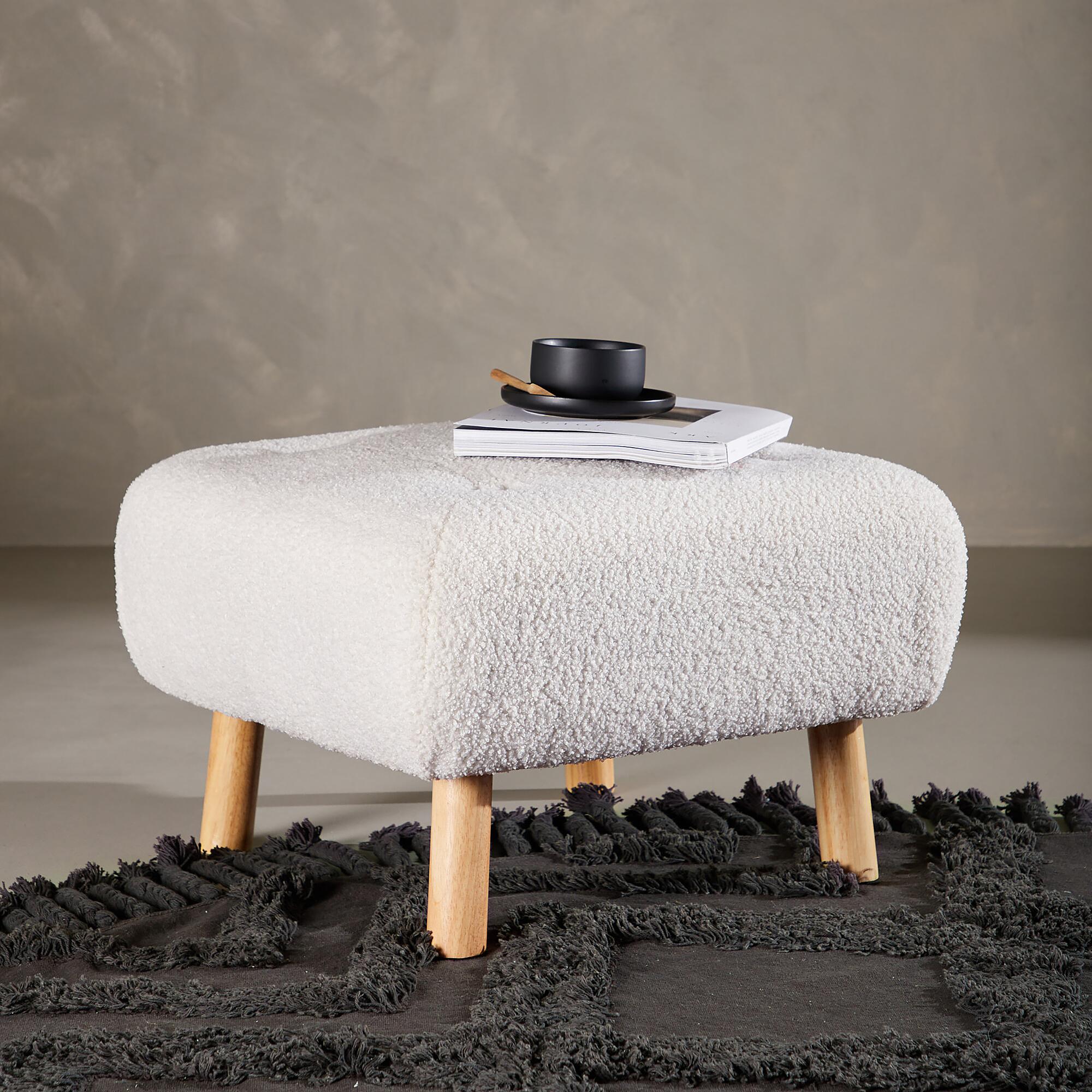 Salina Upholstered Ottoman Teddy Fabric White 2