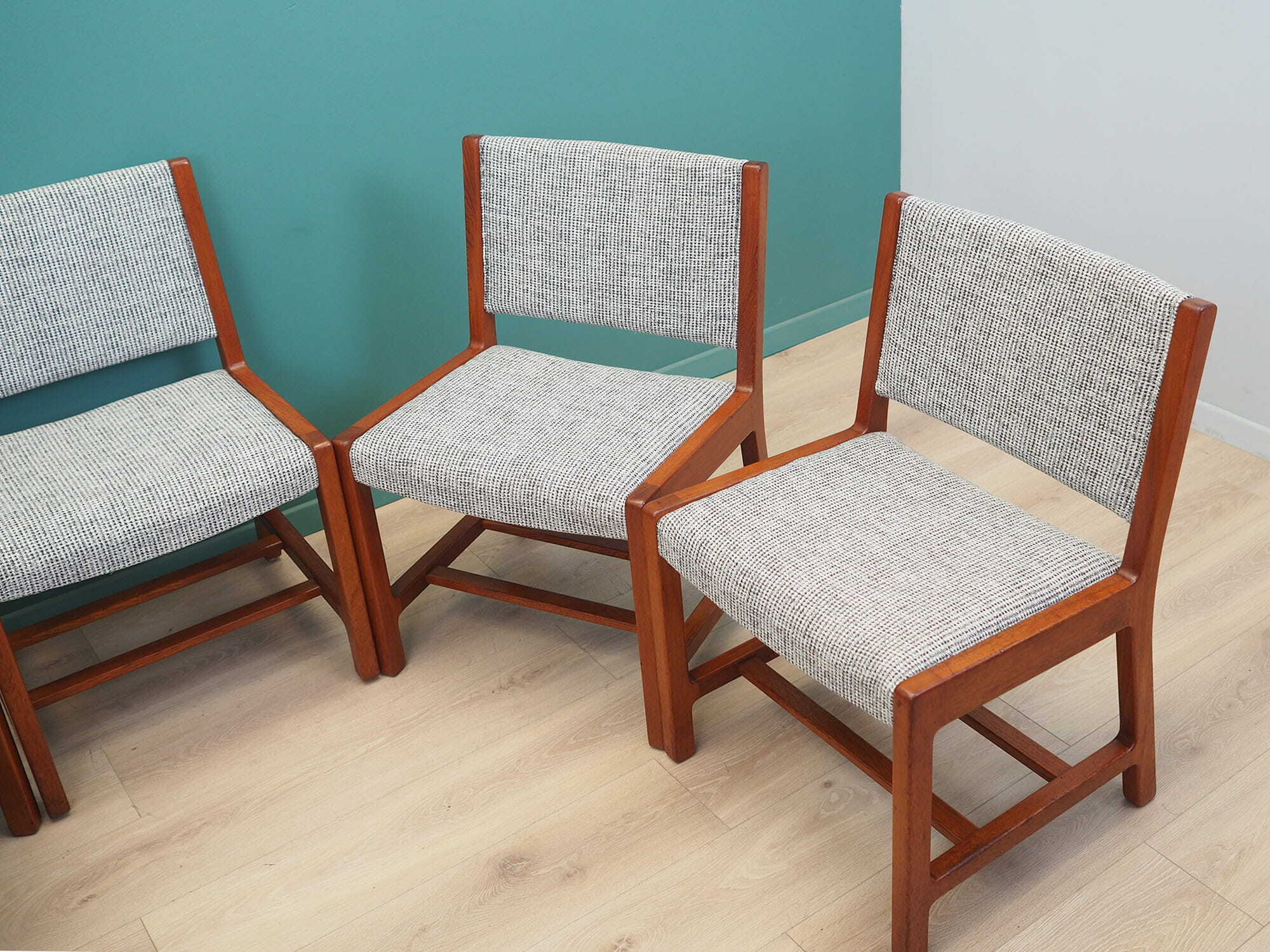 5x Vintage Chair Teak Wood Textile Grey 1970s 3