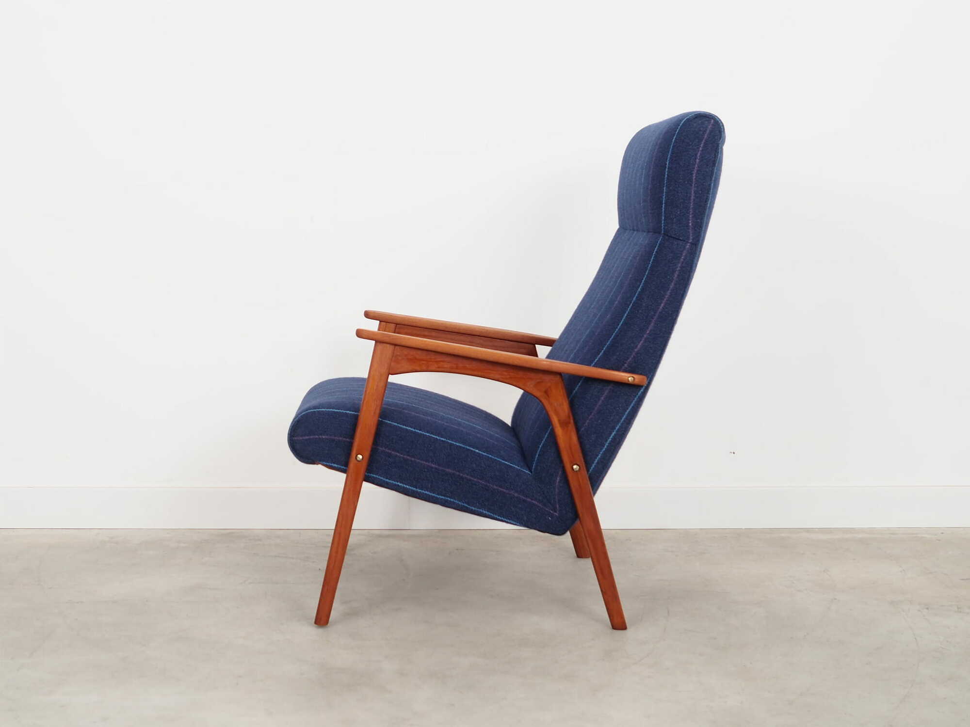 Vintage Stuhl Teakholz Wolle Blau 1970er Jahre 4