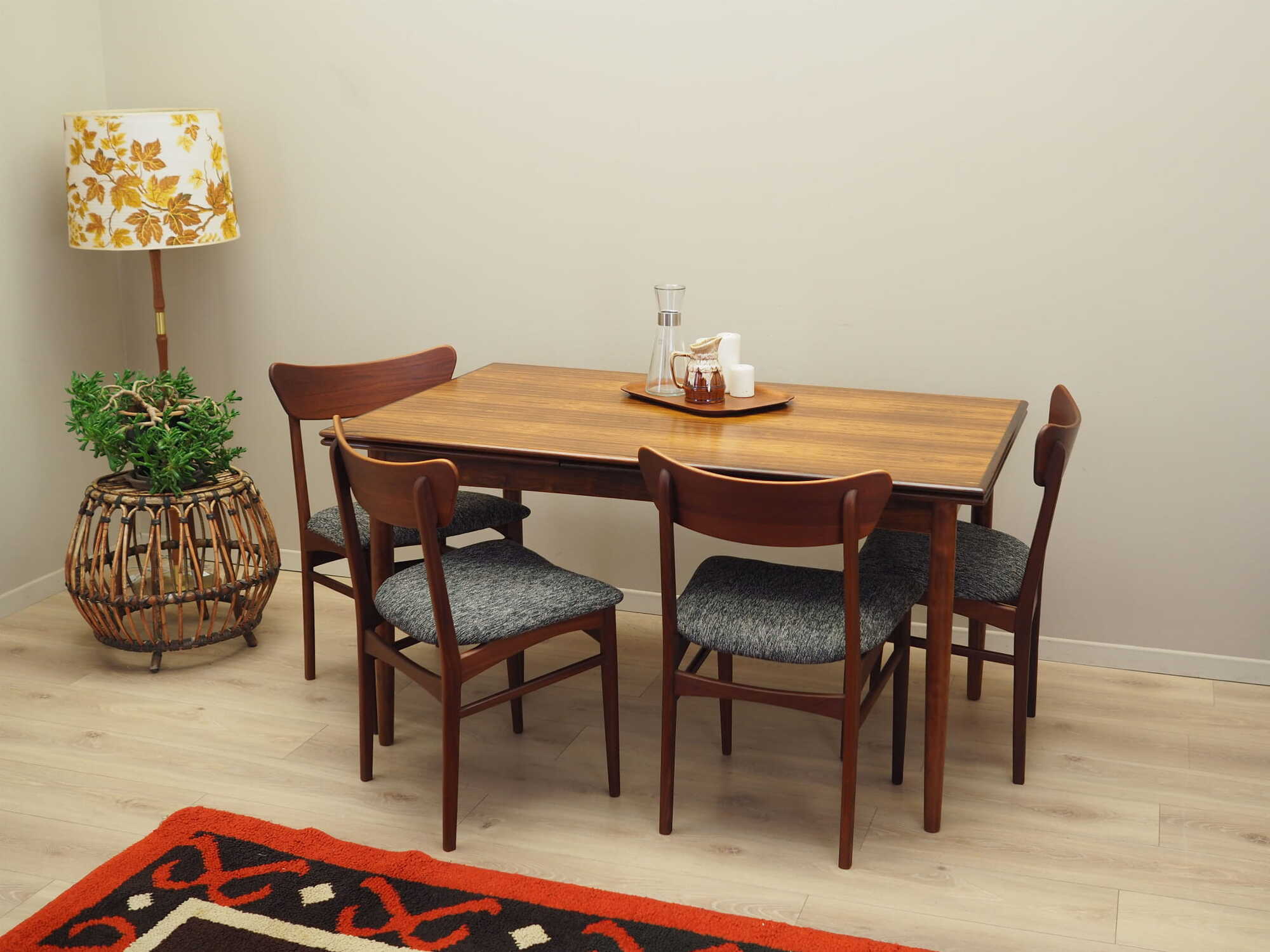 4x Vintage Dining Chair Teak Wood Textile Brown 1970s 1