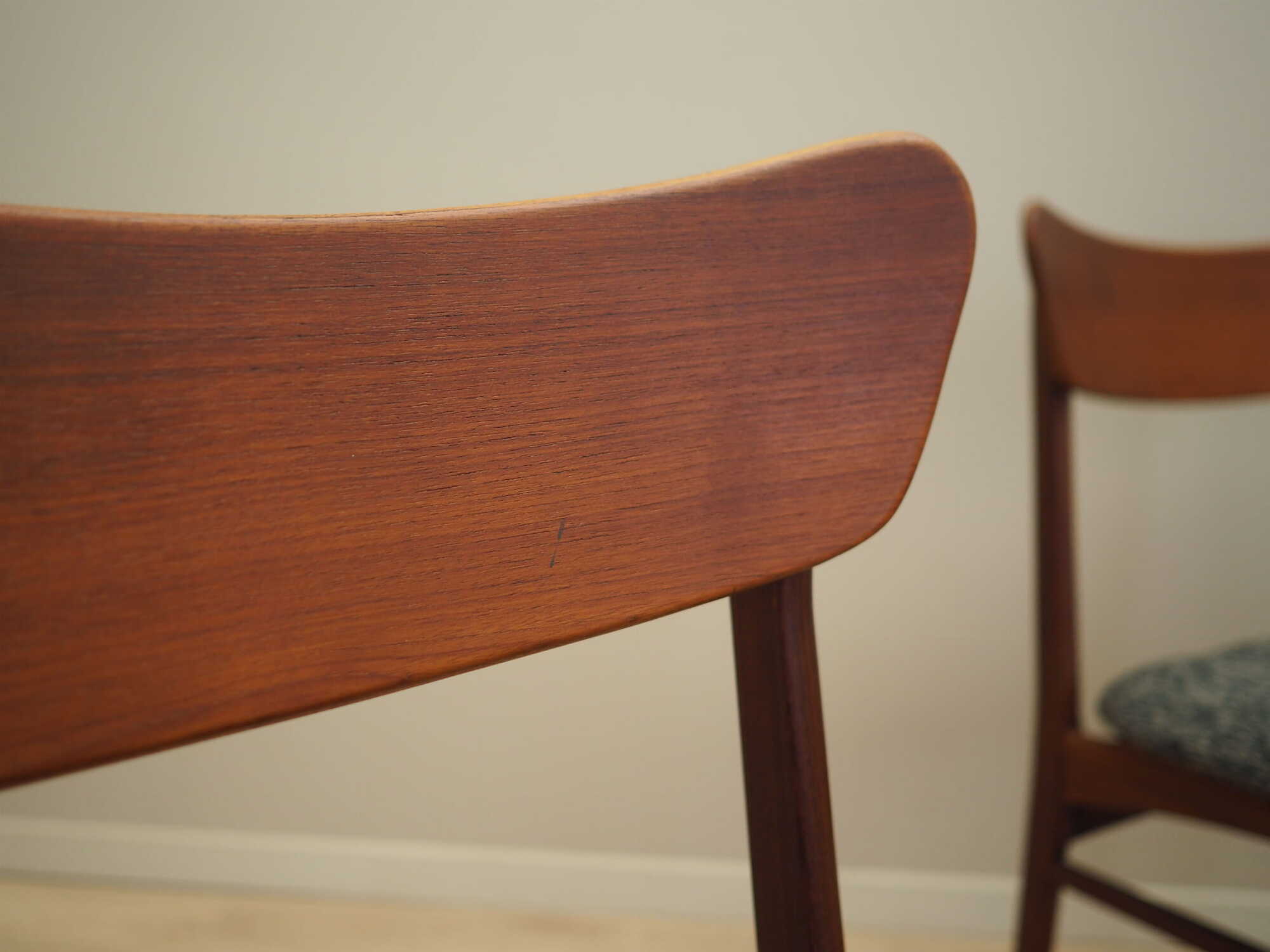 4x Vintage Dining Chair Teak Wood Textile Brown 1970s 9