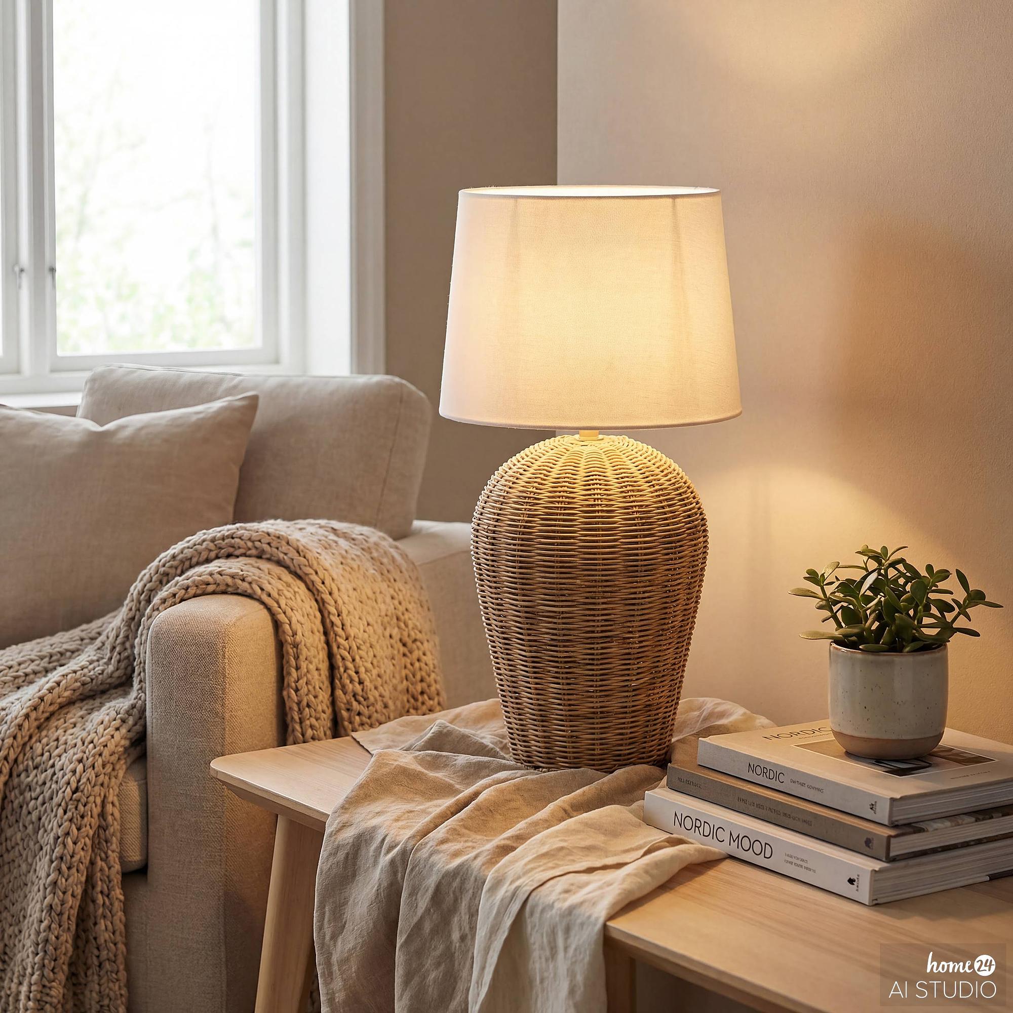 Basra Tischleuchte 1-flammig Leinen Rattan 2