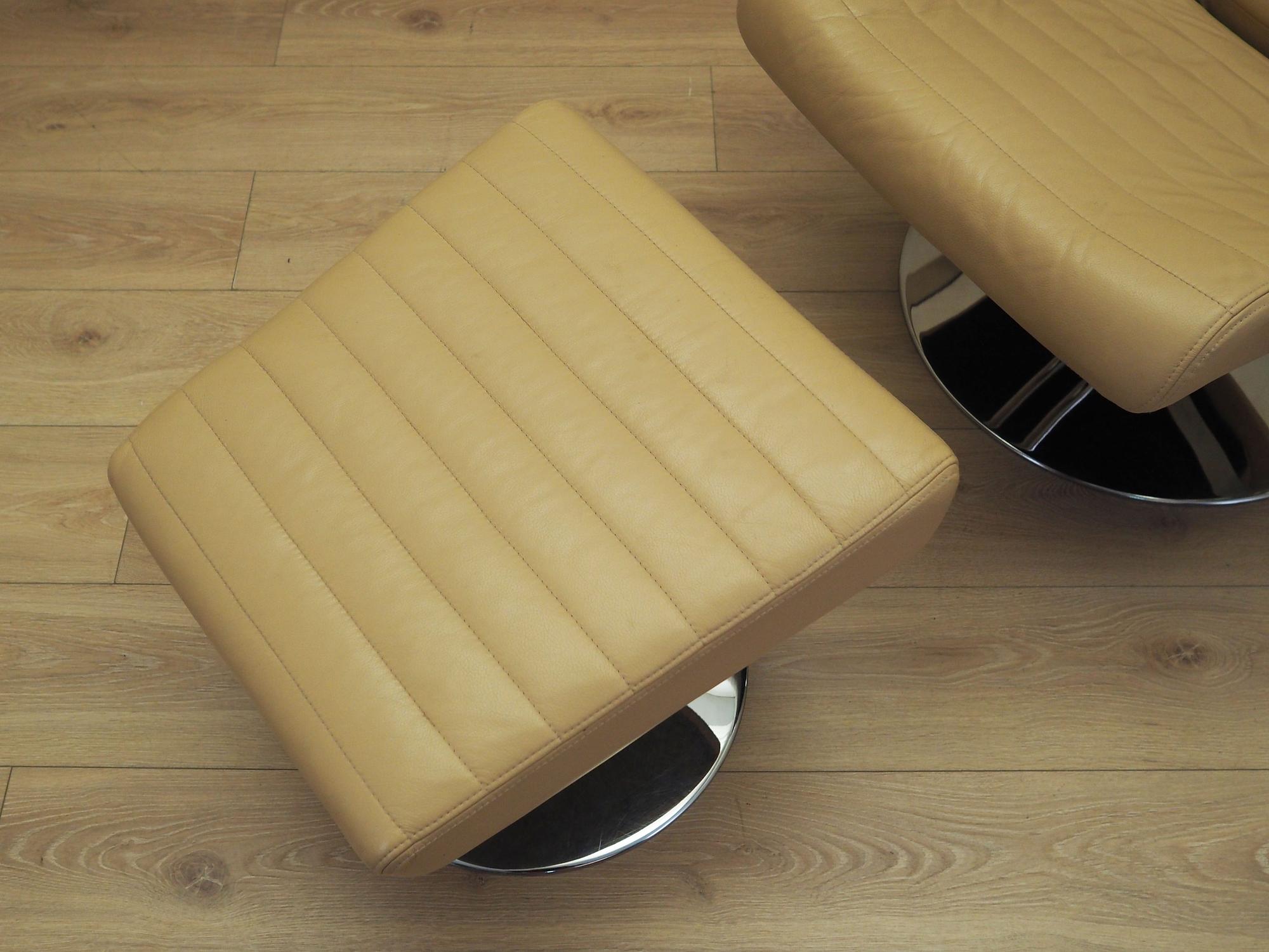 Sessel mit Hocker Leder Hellbraun 1970er Jahre 4