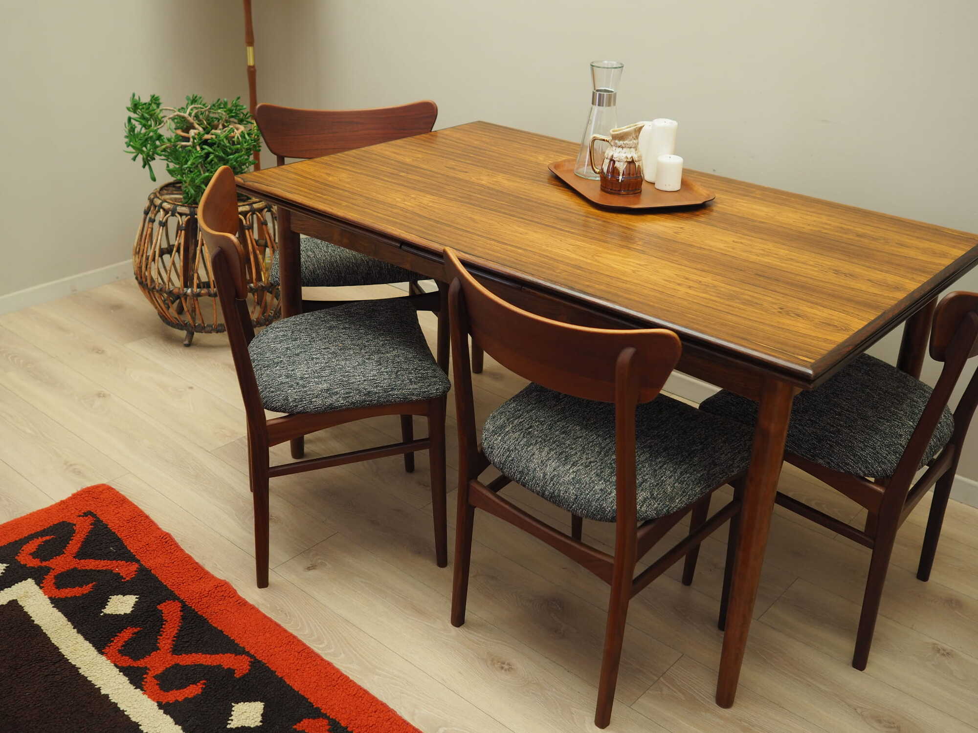 4x Vintage Dining Chair Teak Wood Textile Brown 1970s 3