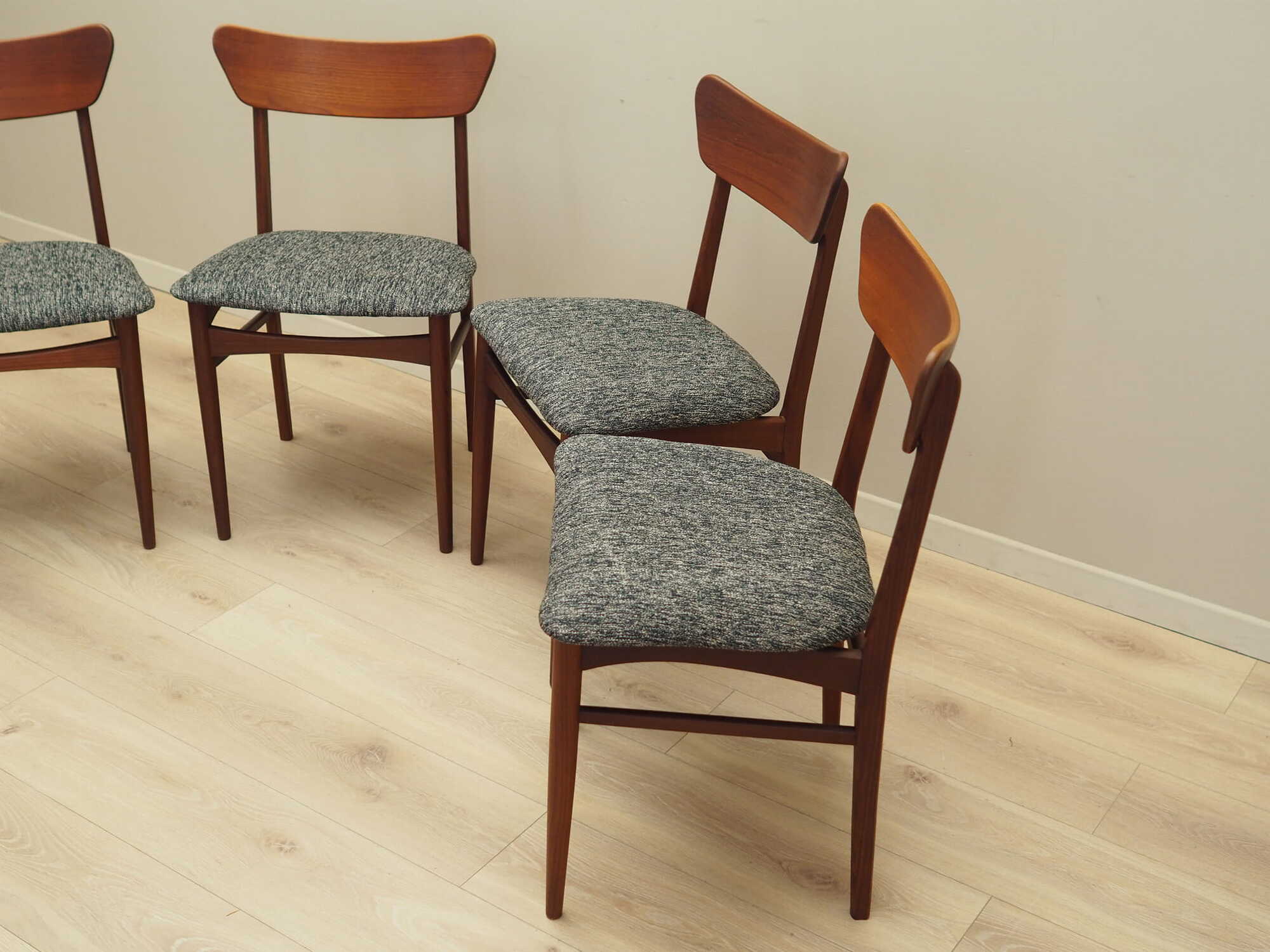4x Vintage Dining Chair Teak Wood Textile Brown 1970s 7