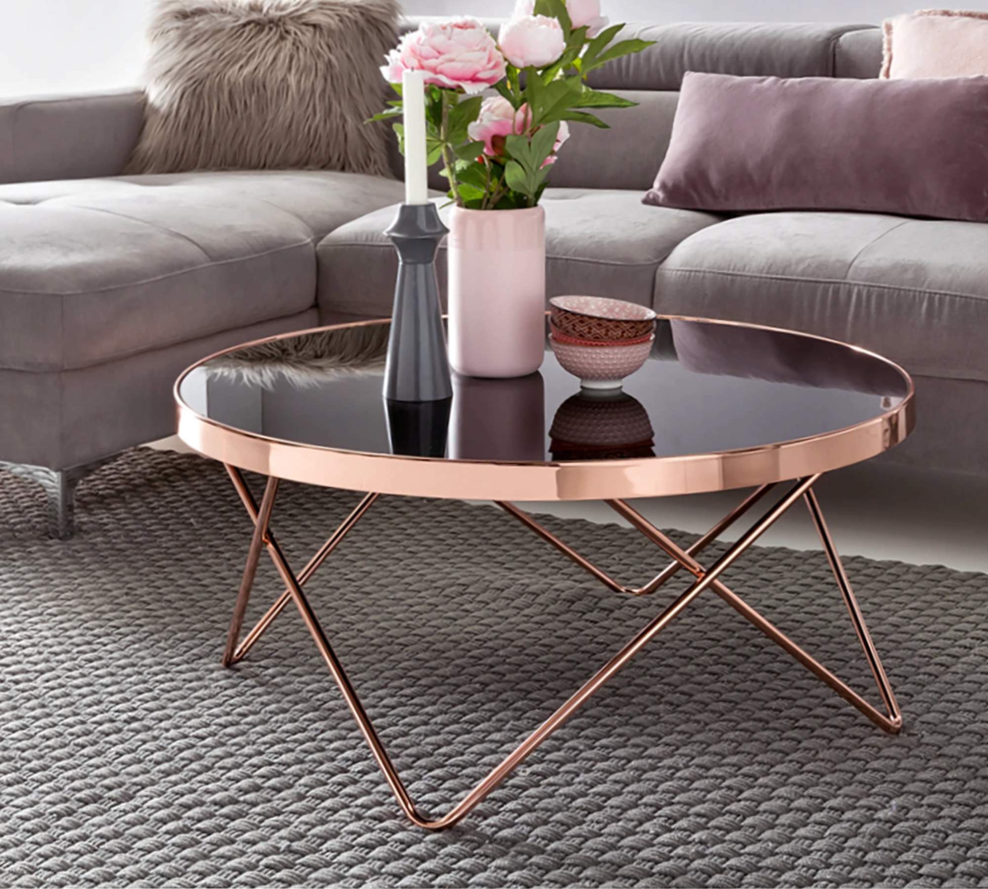Runder Couchtisch Metall Glas Schwarz Kupfer 1