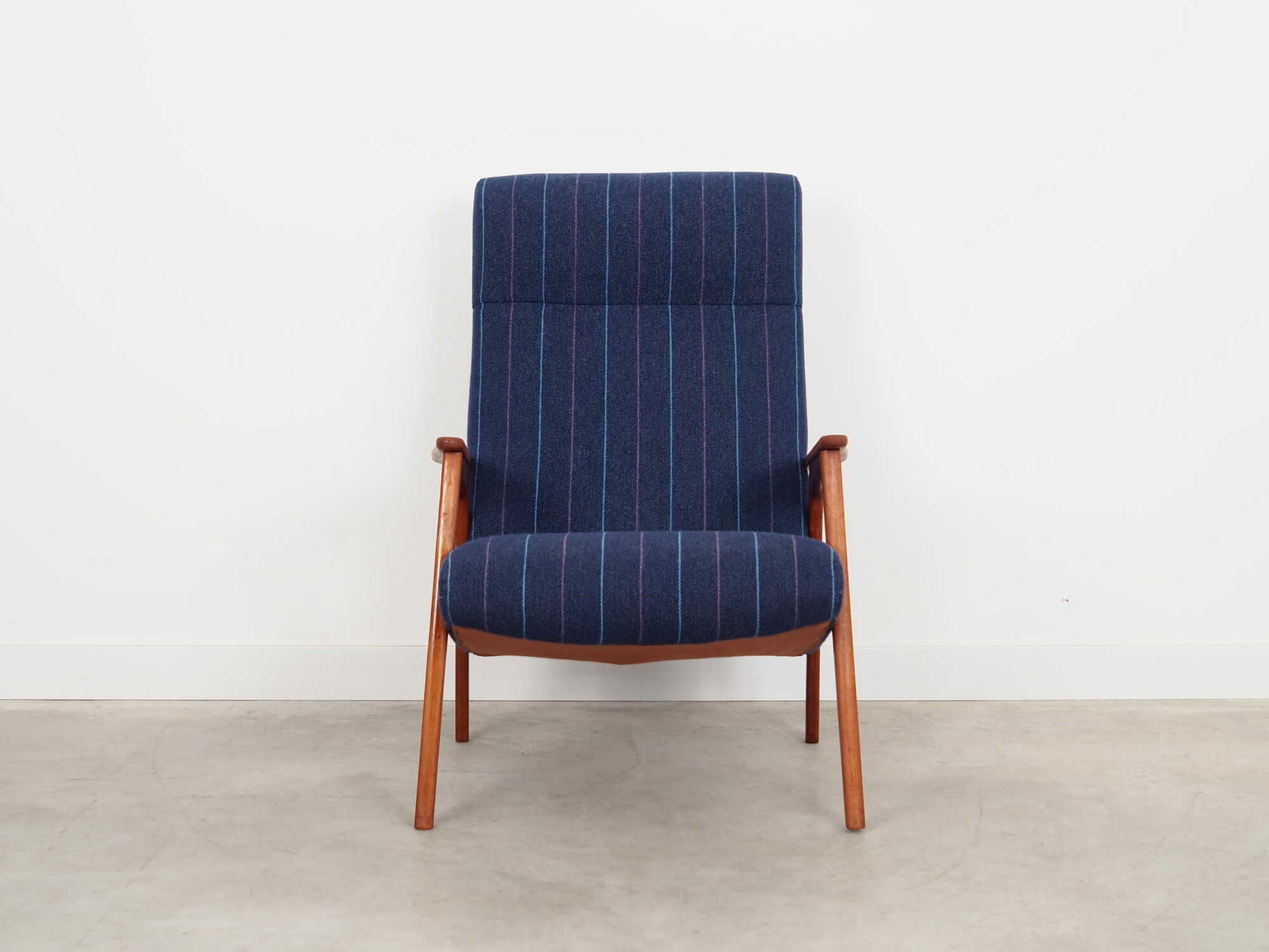 Vintage Stuhl Teakholz Wolle Blau 1970er Jahre 3