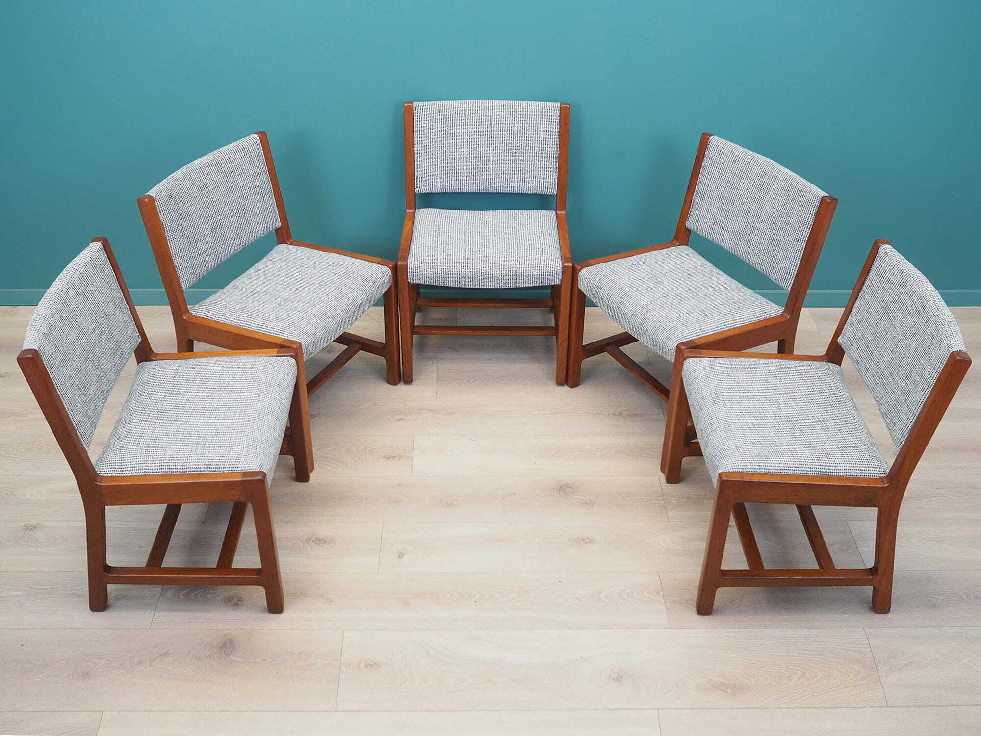 5x Vintage Chair Teak Wood Textile Grey 1970s 1