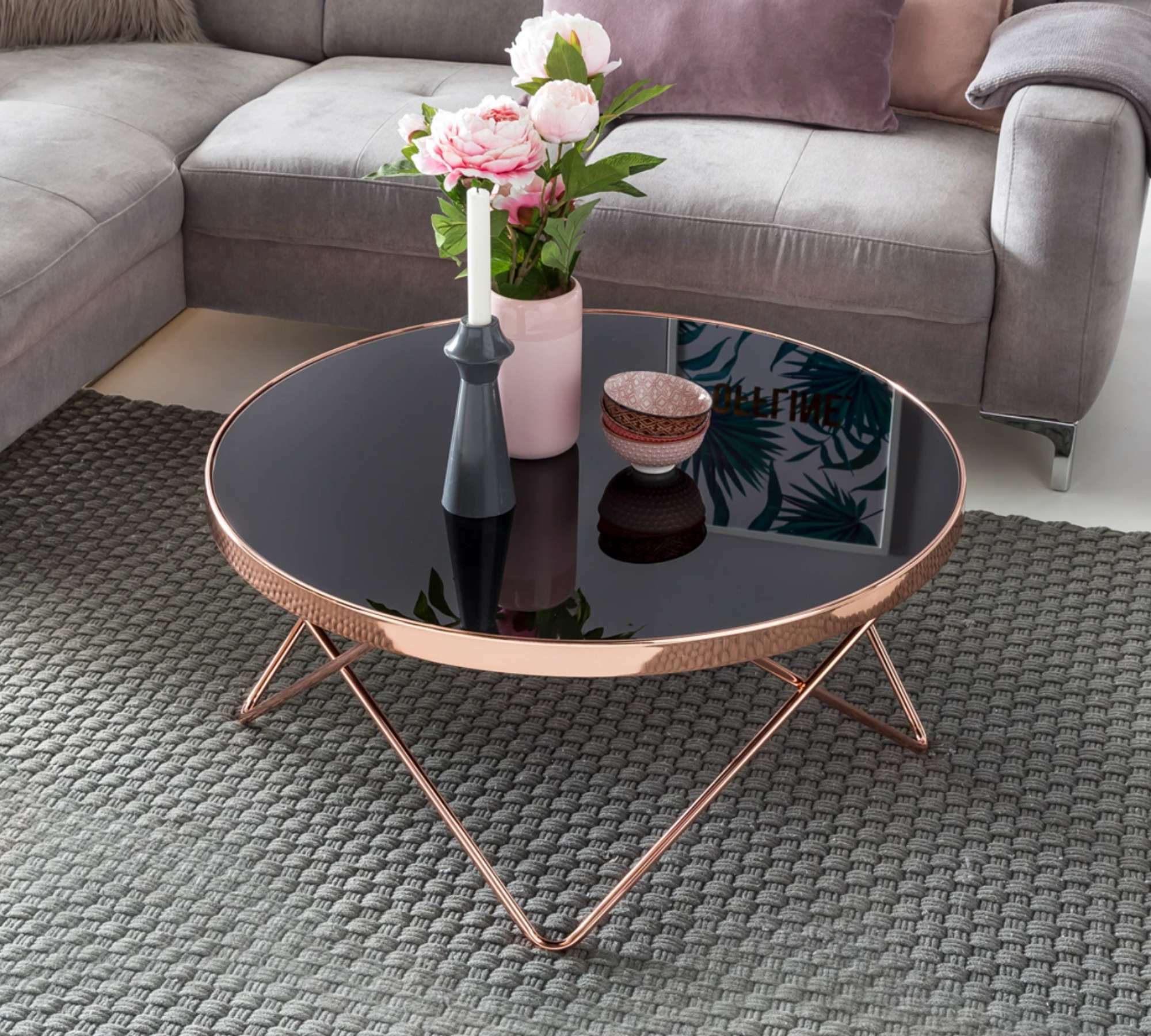 Runder Couchtisch Metall Glas Schwarz Kupfer 4