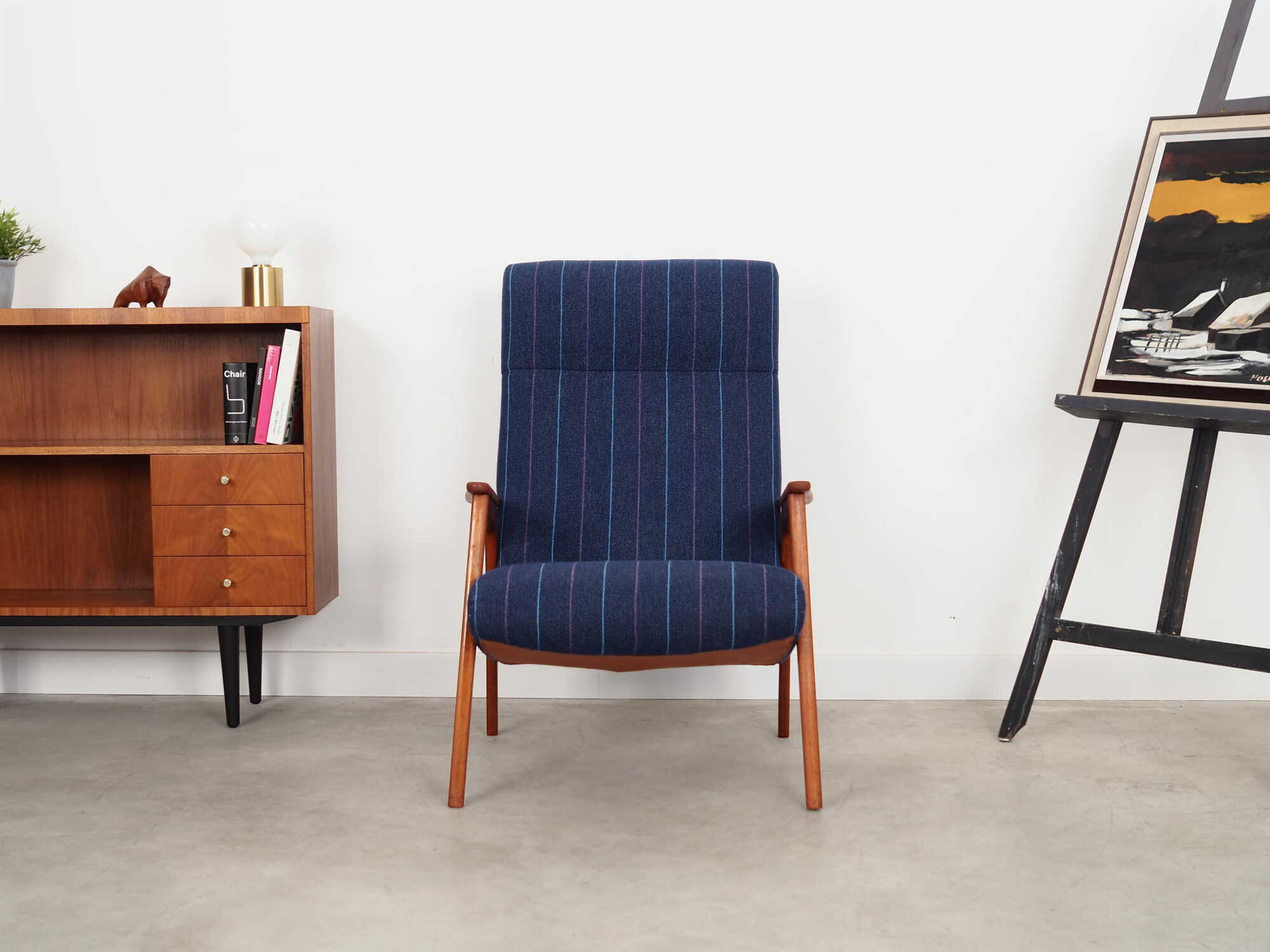 Vintage Stuhl Teakholz Wolle Blau 1970er Jahre 1