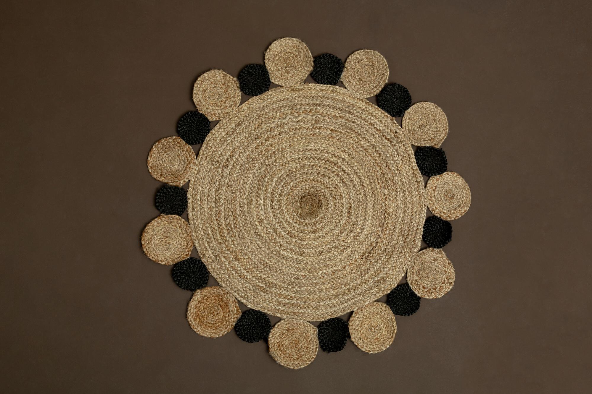 Bosie Demir Kleiner Runder Natur- und Schwarz Jute Teppich 2