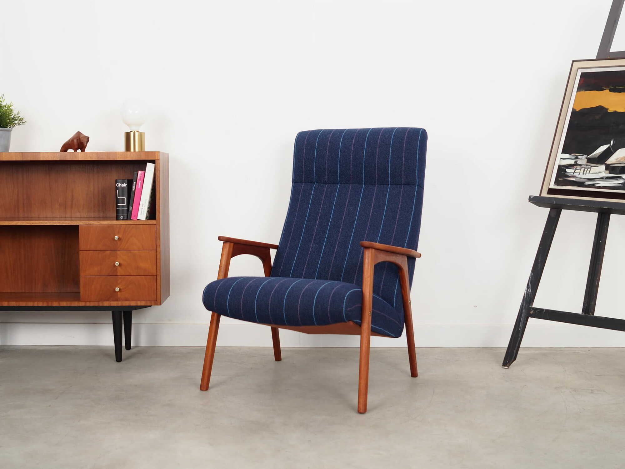 Vintage Stuhl Teakholz Wolle Blau 1970er Jahre 2