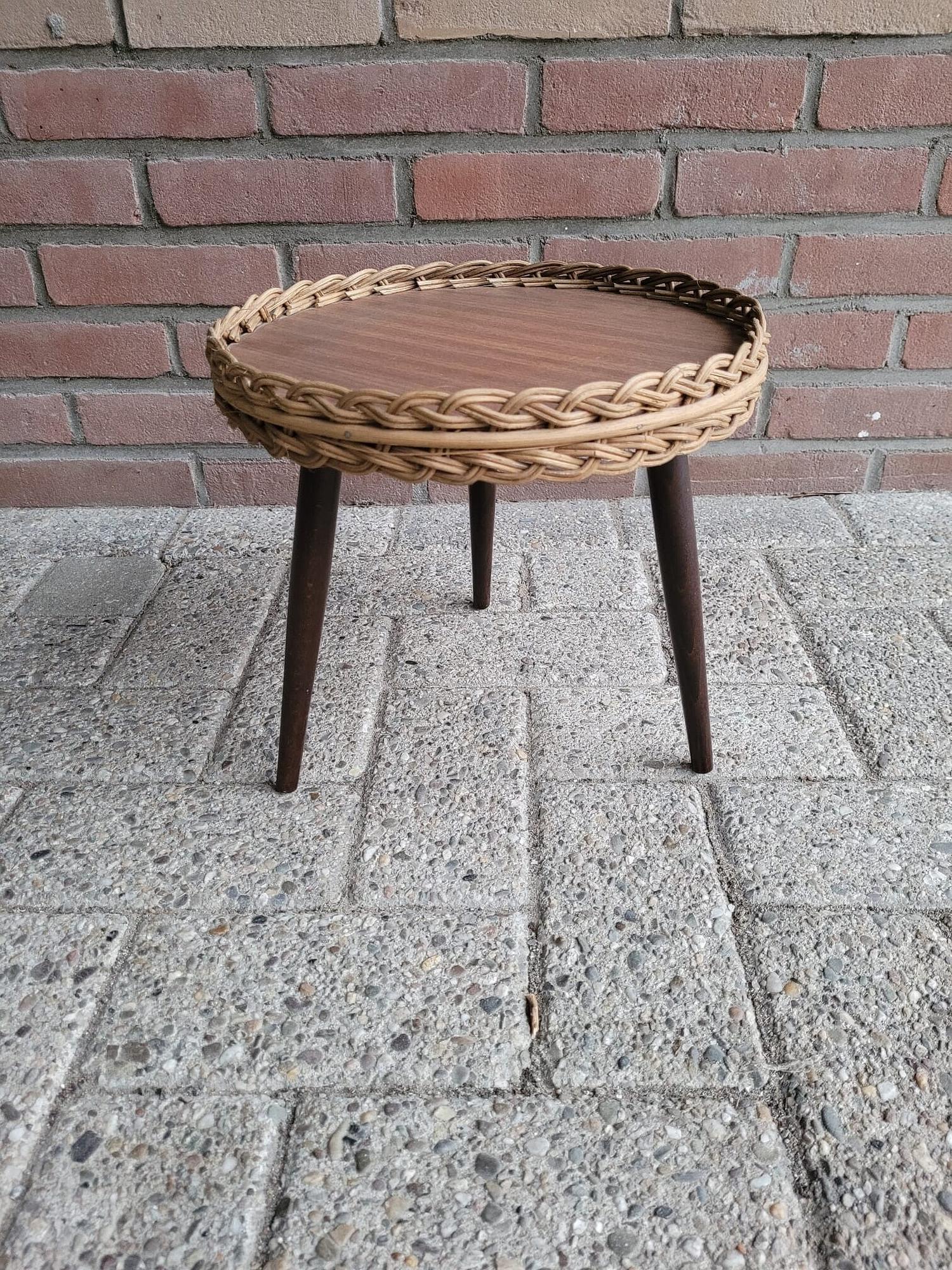Vintage Pflanzentisch Holz Rattan Braun 3