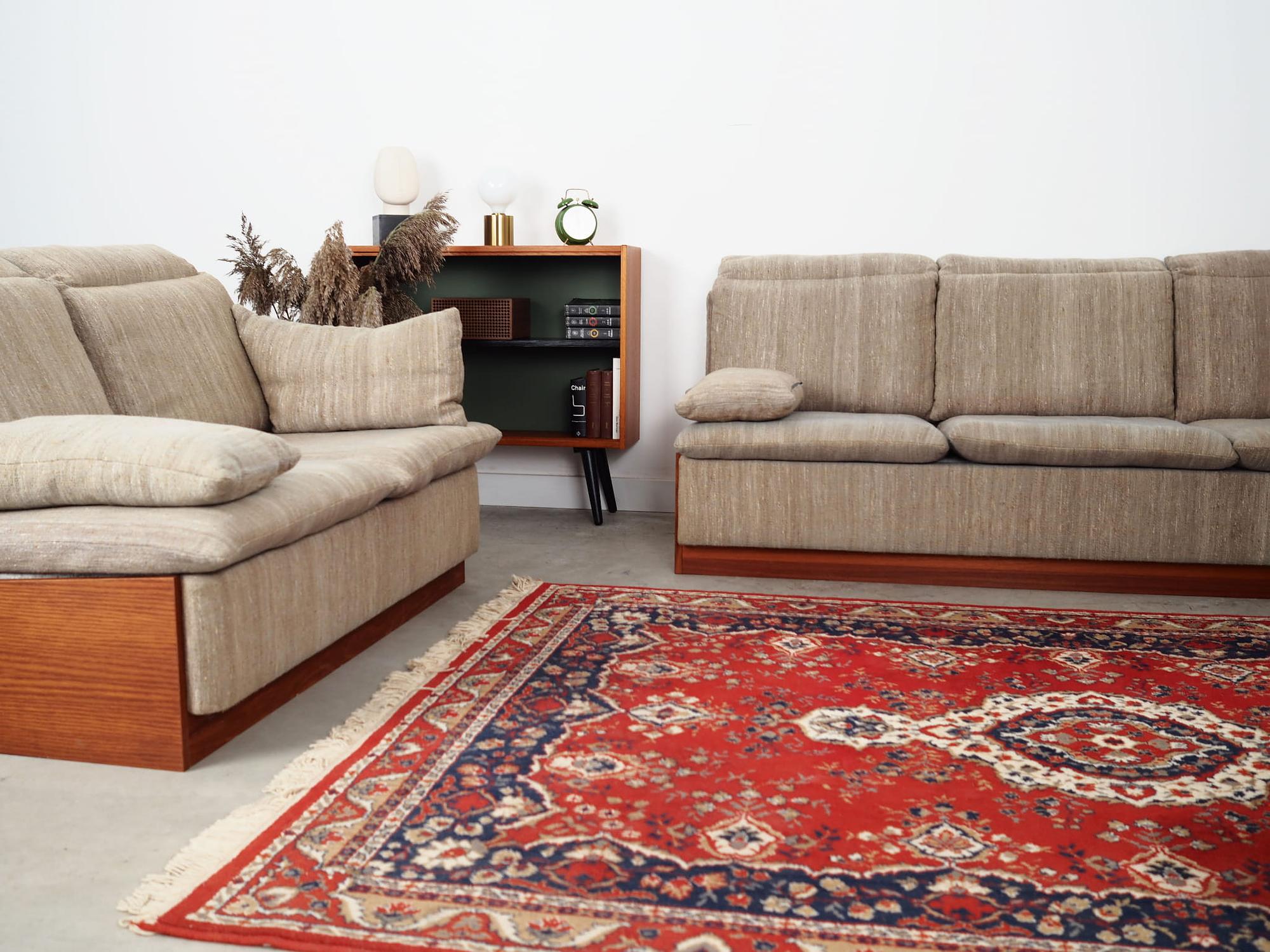 Vintage Sofa 3-Sitzer Teakholz Textil Grau 1970er Jahre 13