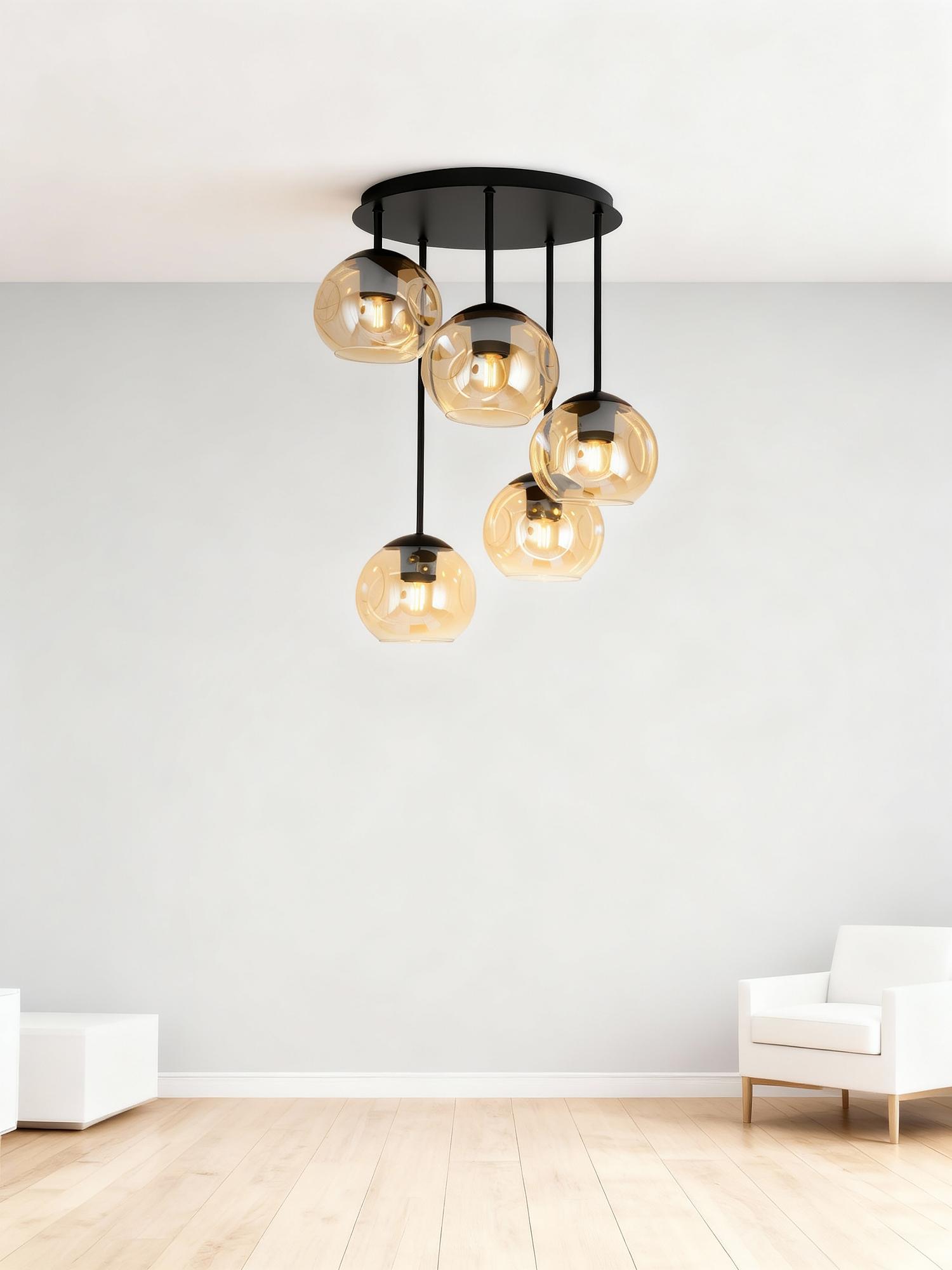 5-Flammig Jervey Deckenleuchte Gusseisen Farbglas Bernstein 2