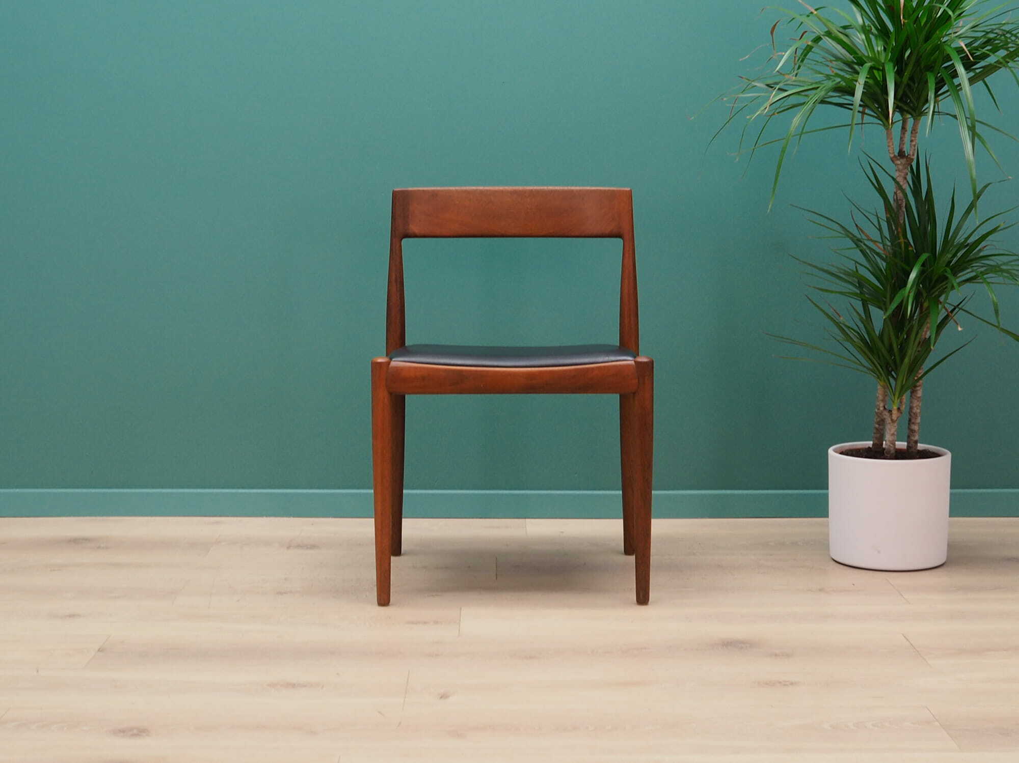 4x Vintage Chair Teak Wood Leather Brown 1970s 2