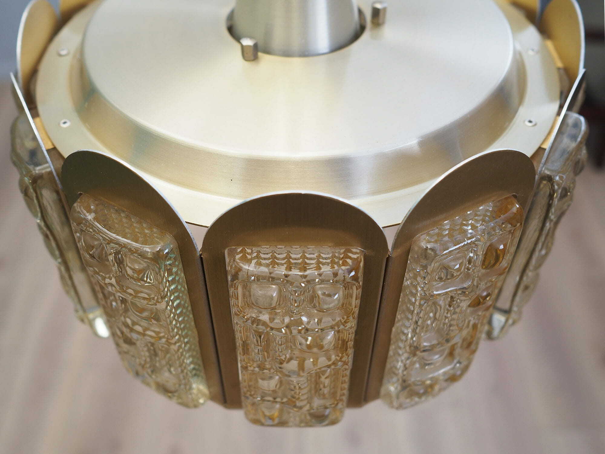 Vintage Pendant Lamp Glass Metal Gold 1960s 9
