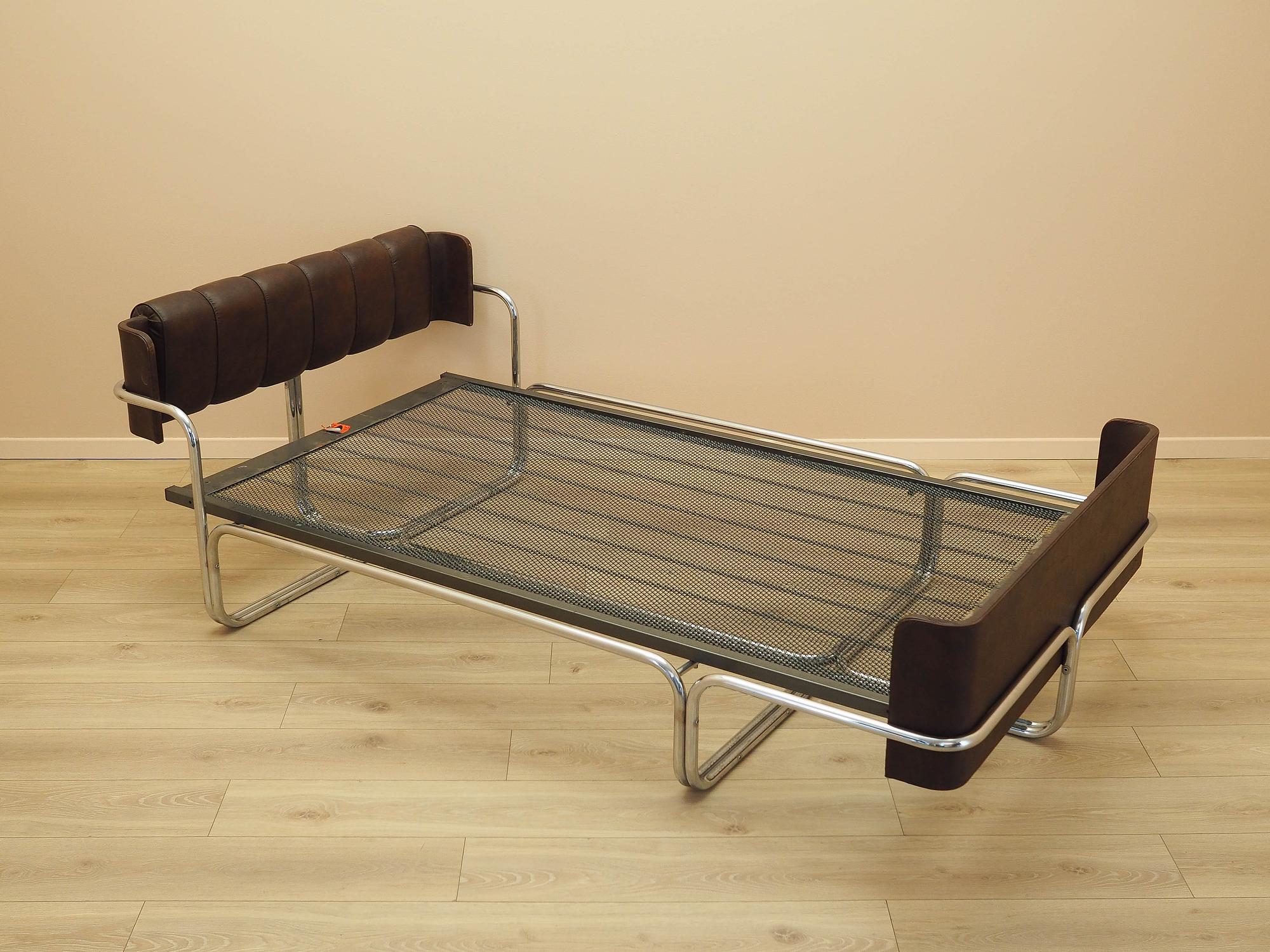 Vintage Bed Metal Frame Natural Leather Brown 1980s 1