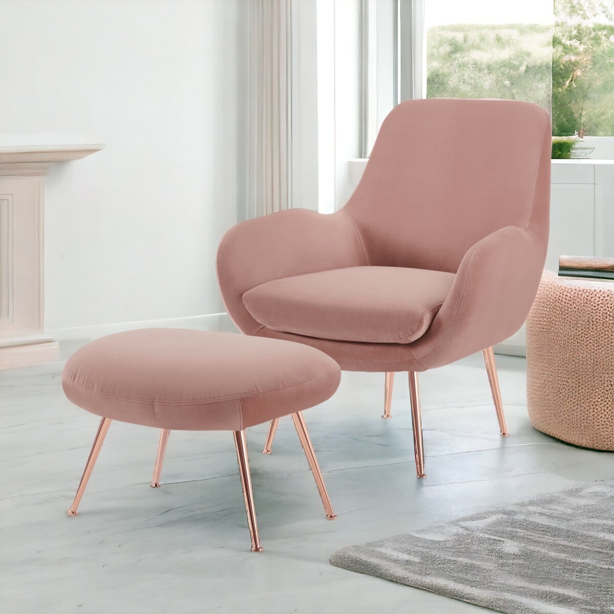 Moby Sessel und Hocker Chrom Samt Rosa 4