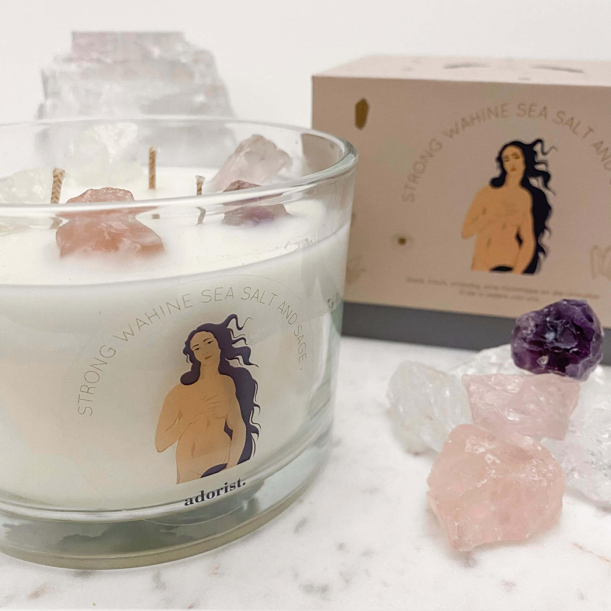 Sea Salt & Sage Scented Candle Soy Wax with Crystals White 2