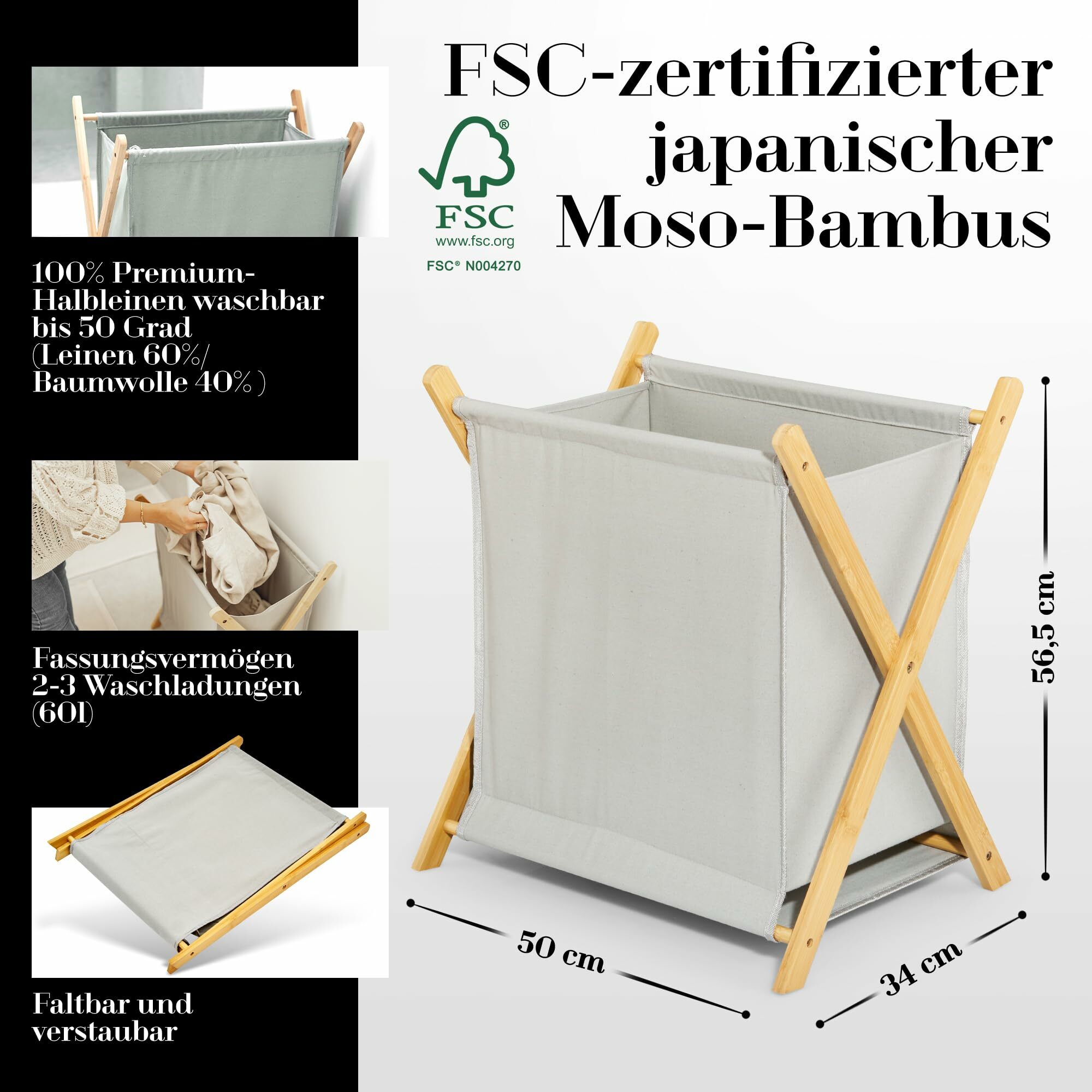 Wäschesammler Holz Textil Faltbar Grau 60L 3