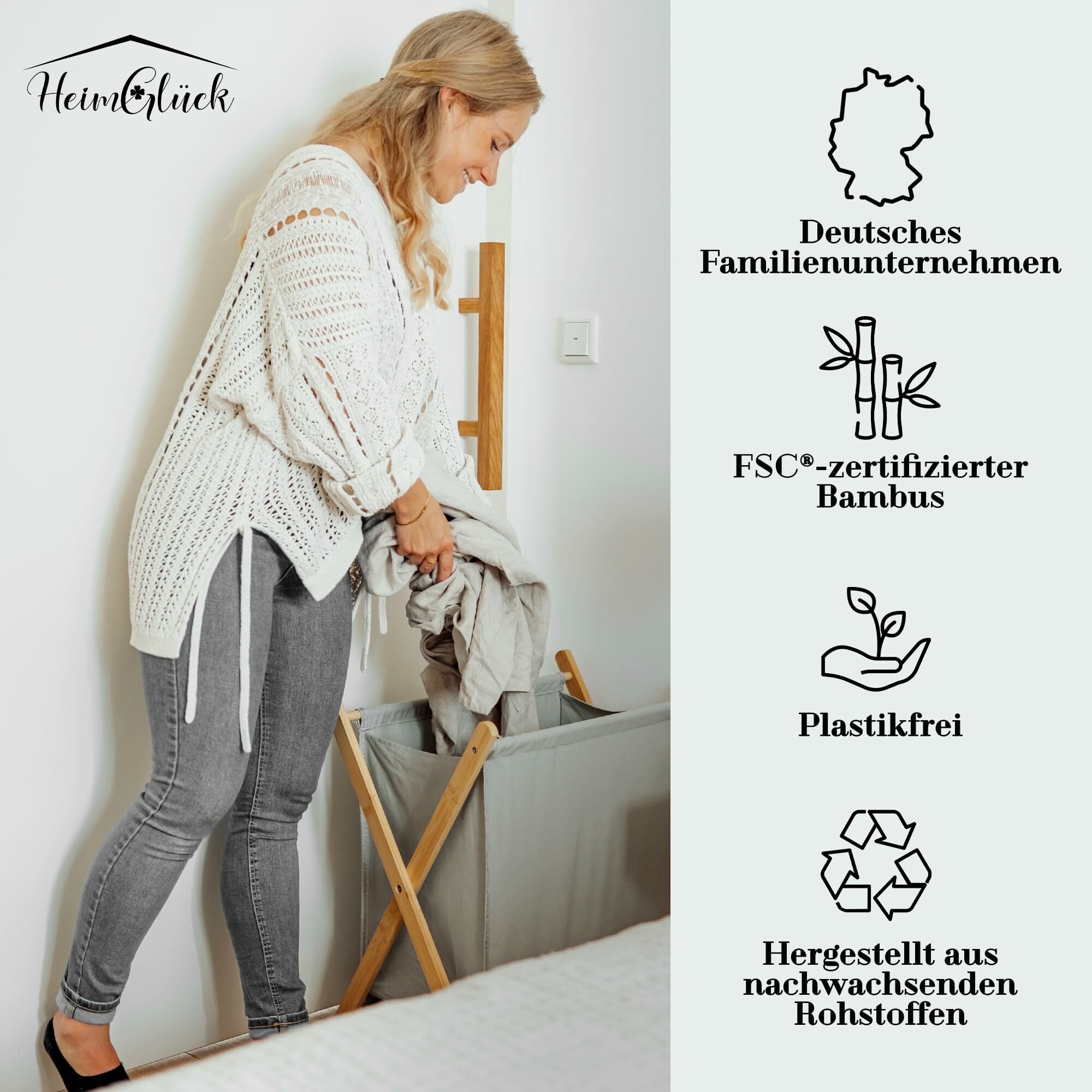 Wäschesammler Holz Textil Faltbar Grau 60L 5