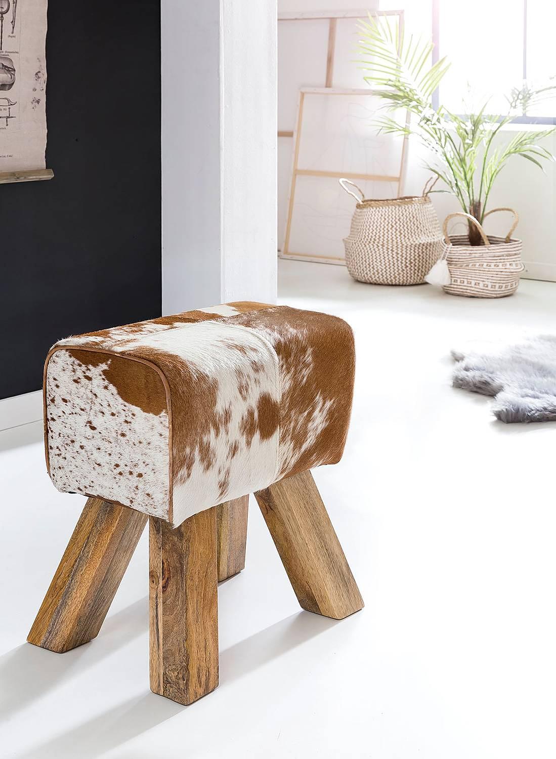Sitzhocker Saviano Leder Mangoholz Braun Weiß 3