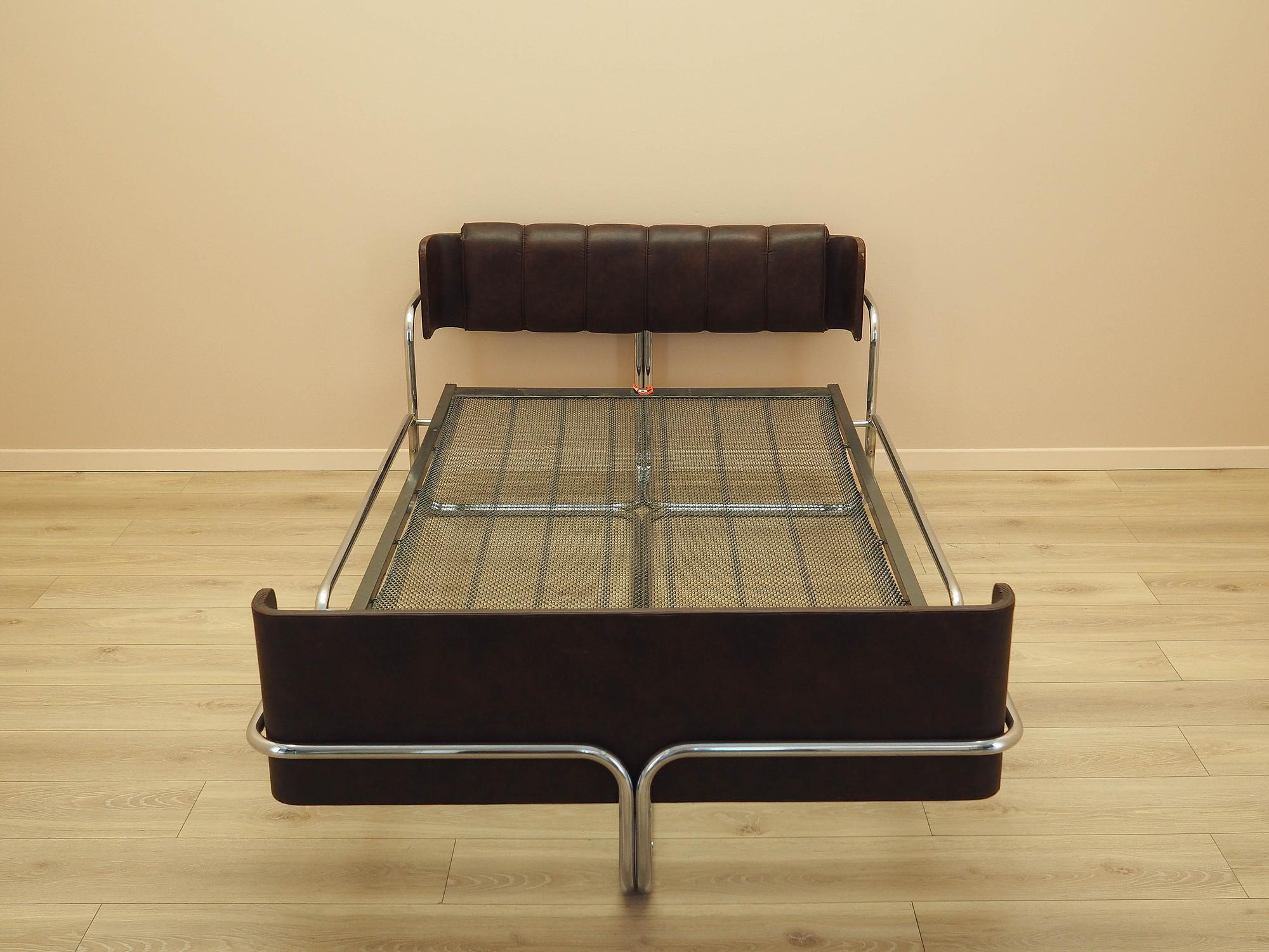 Vintage Bed Metal Frame Natural Leather Brown 1980s 4
