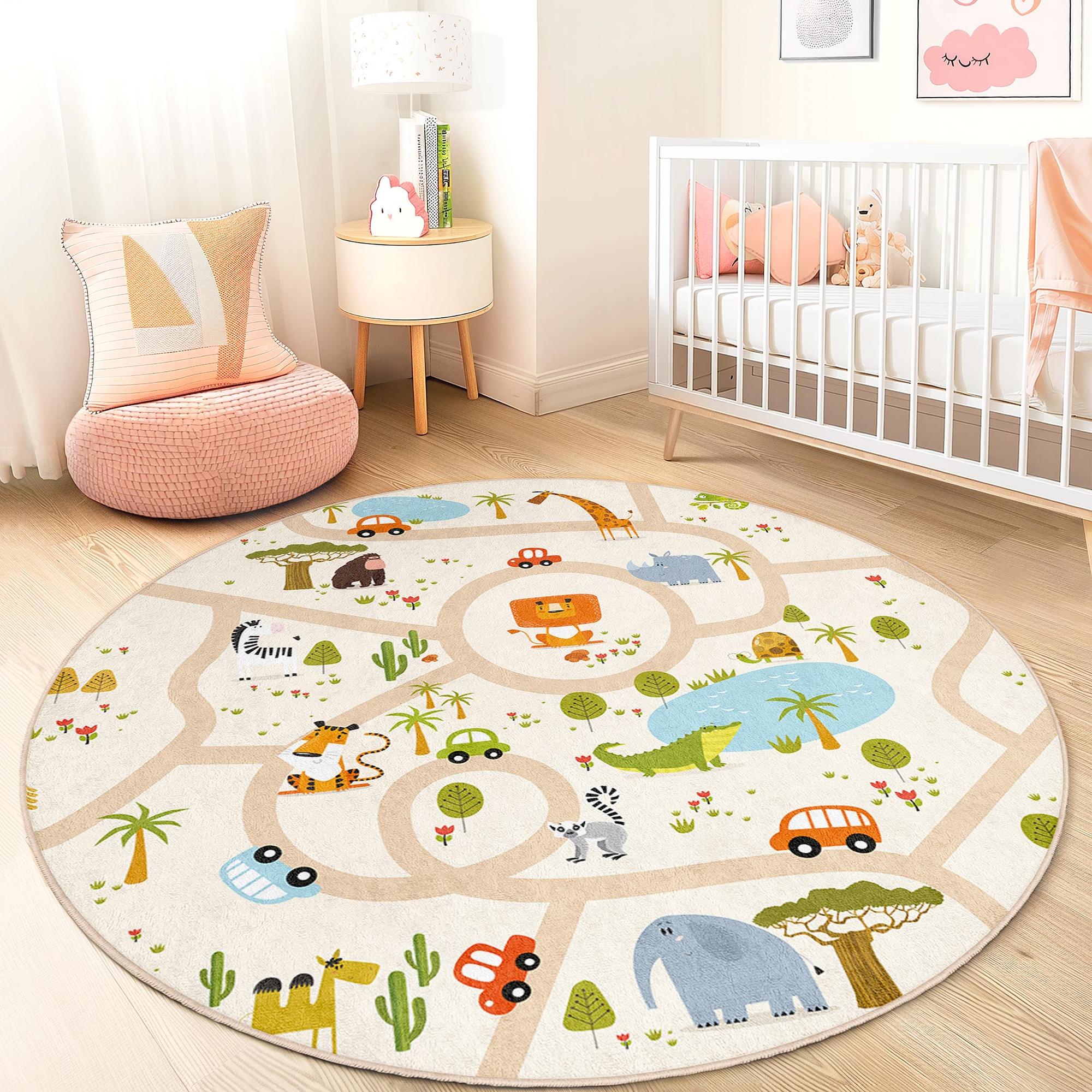 Jungle road maps Children's rug Multicoloured ⌀120cm 1