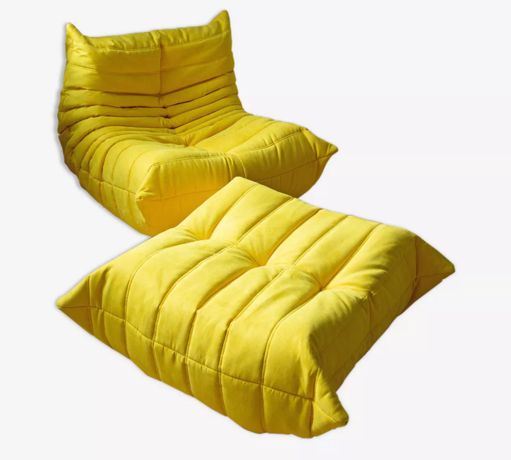 Togo Poltrona e Pouf Set 2 pezzi Tessuto Giallo limone 0