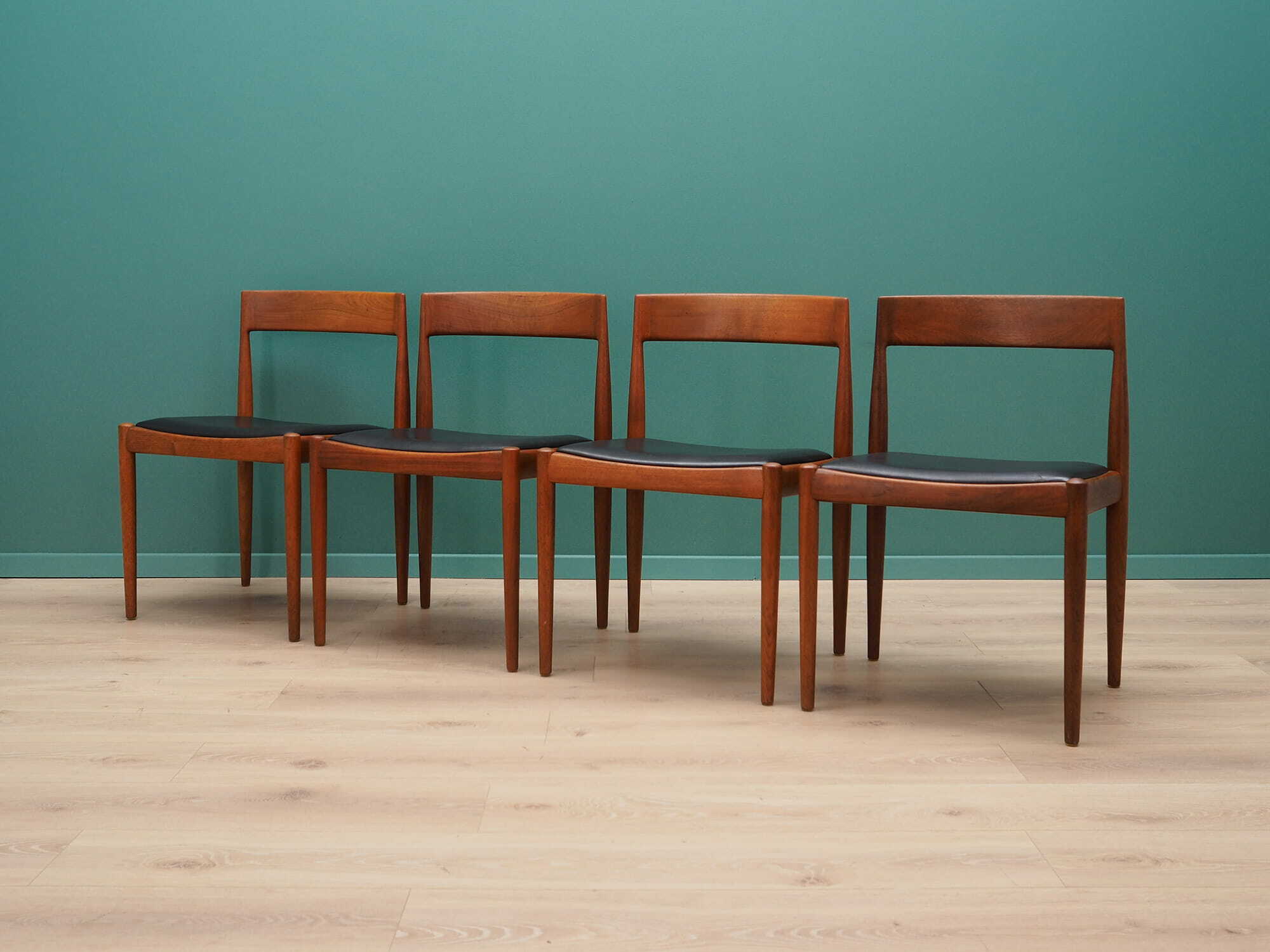 4x Vintage Chair Teak Wood Leather Brown 1970s 1
