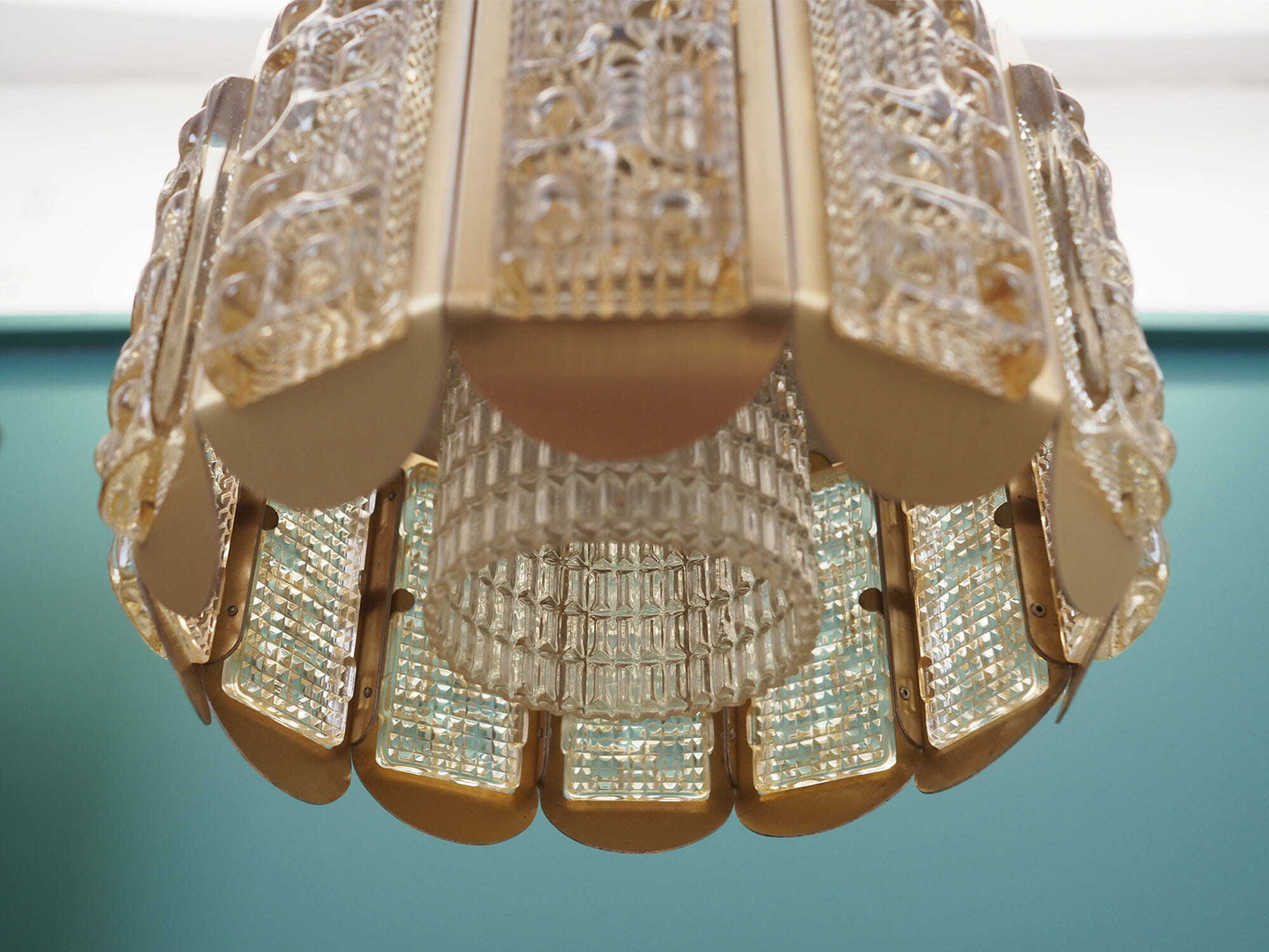 Vintage Pendant Lamp Glass Metal Gold 1960s 7