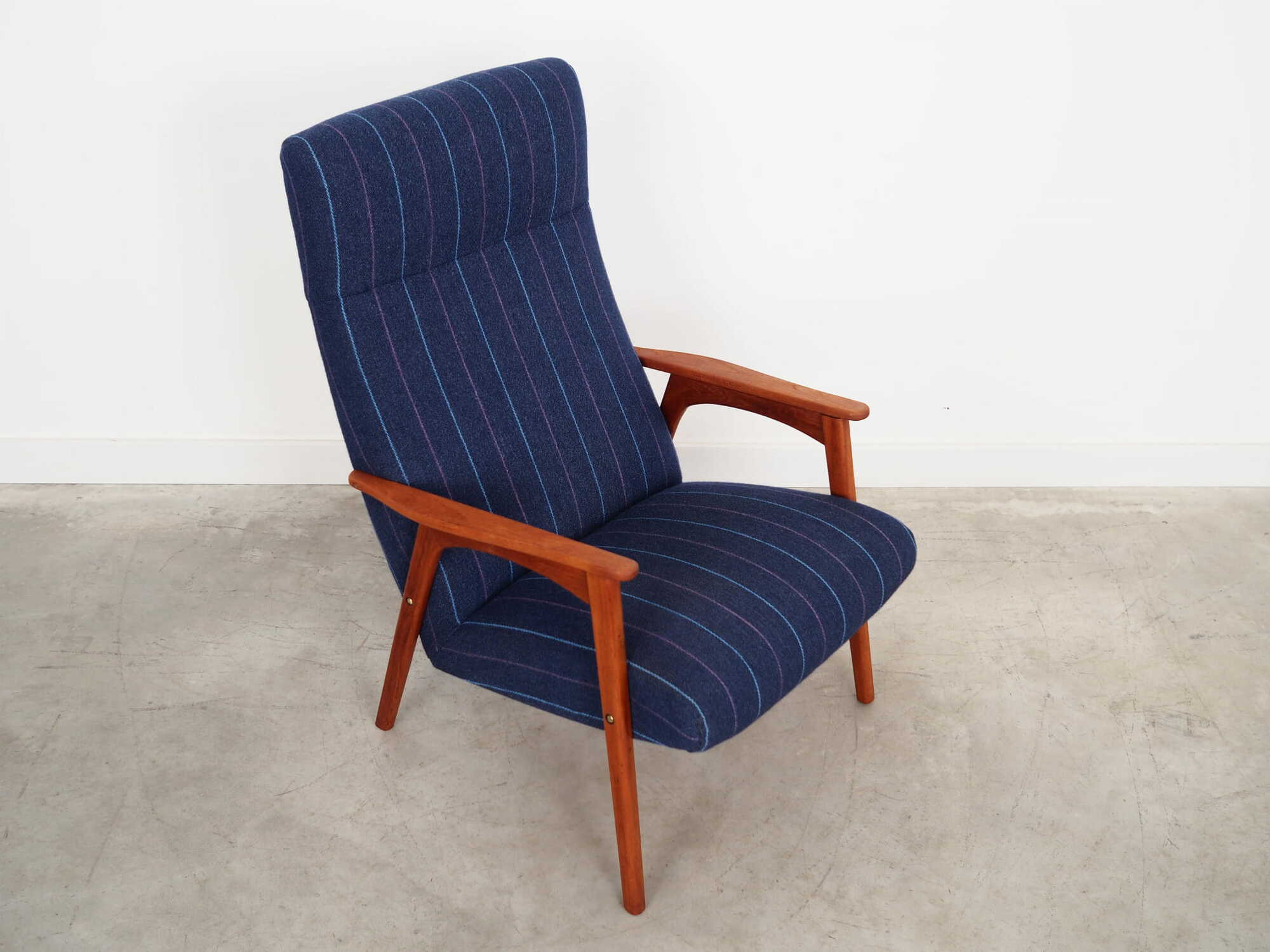 Vintage Stuhl Teakholz Wolle Blau 1970er Jahre 9