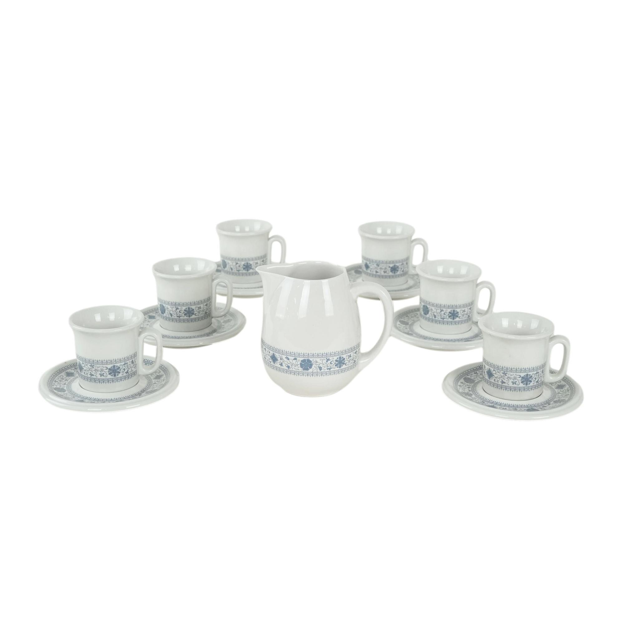 Vintage Tea Set of 13 Porcelain Ivory Blue 1970s 0