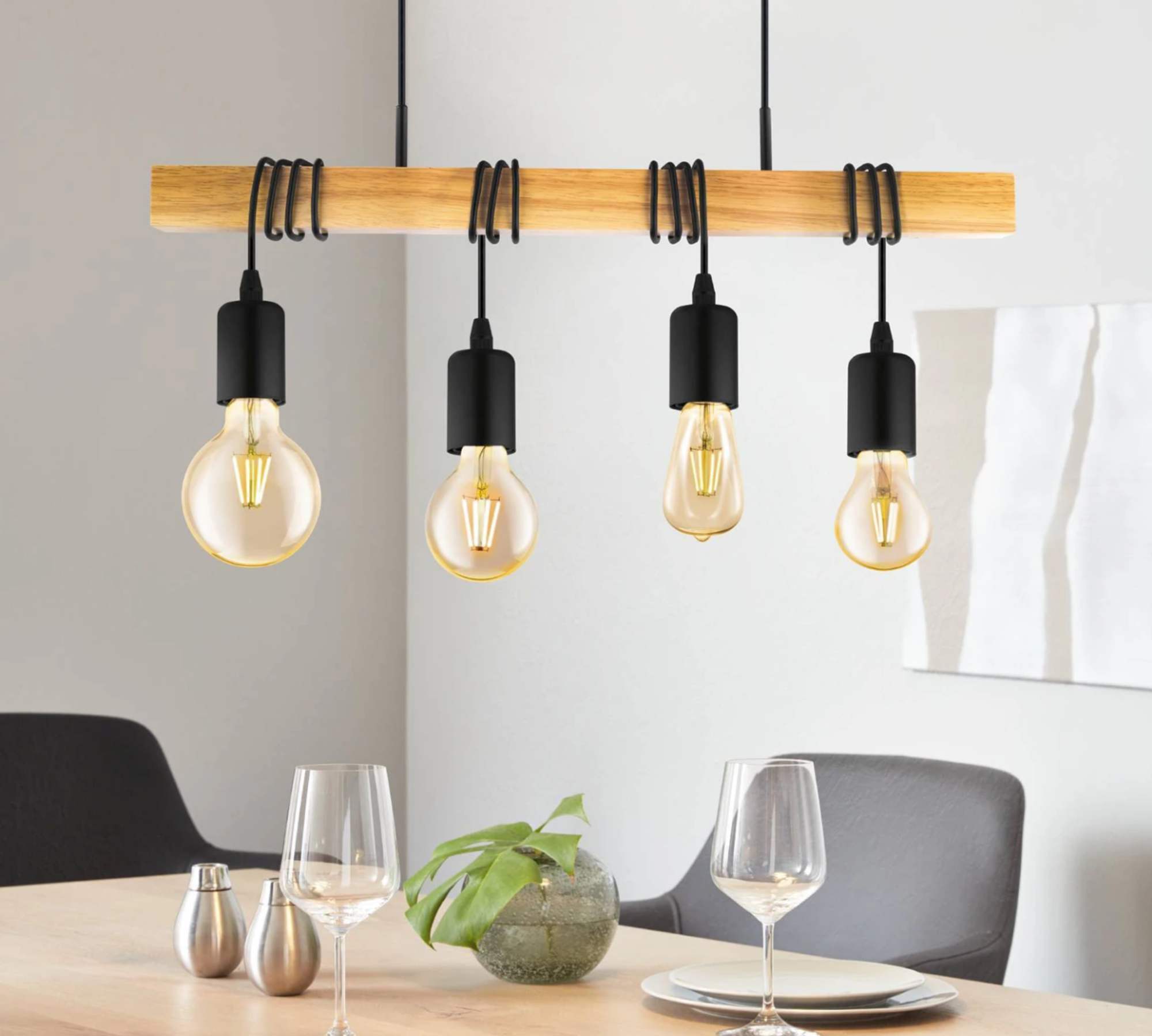 4-Light Pendant Light Steel Solid Wood Black 3