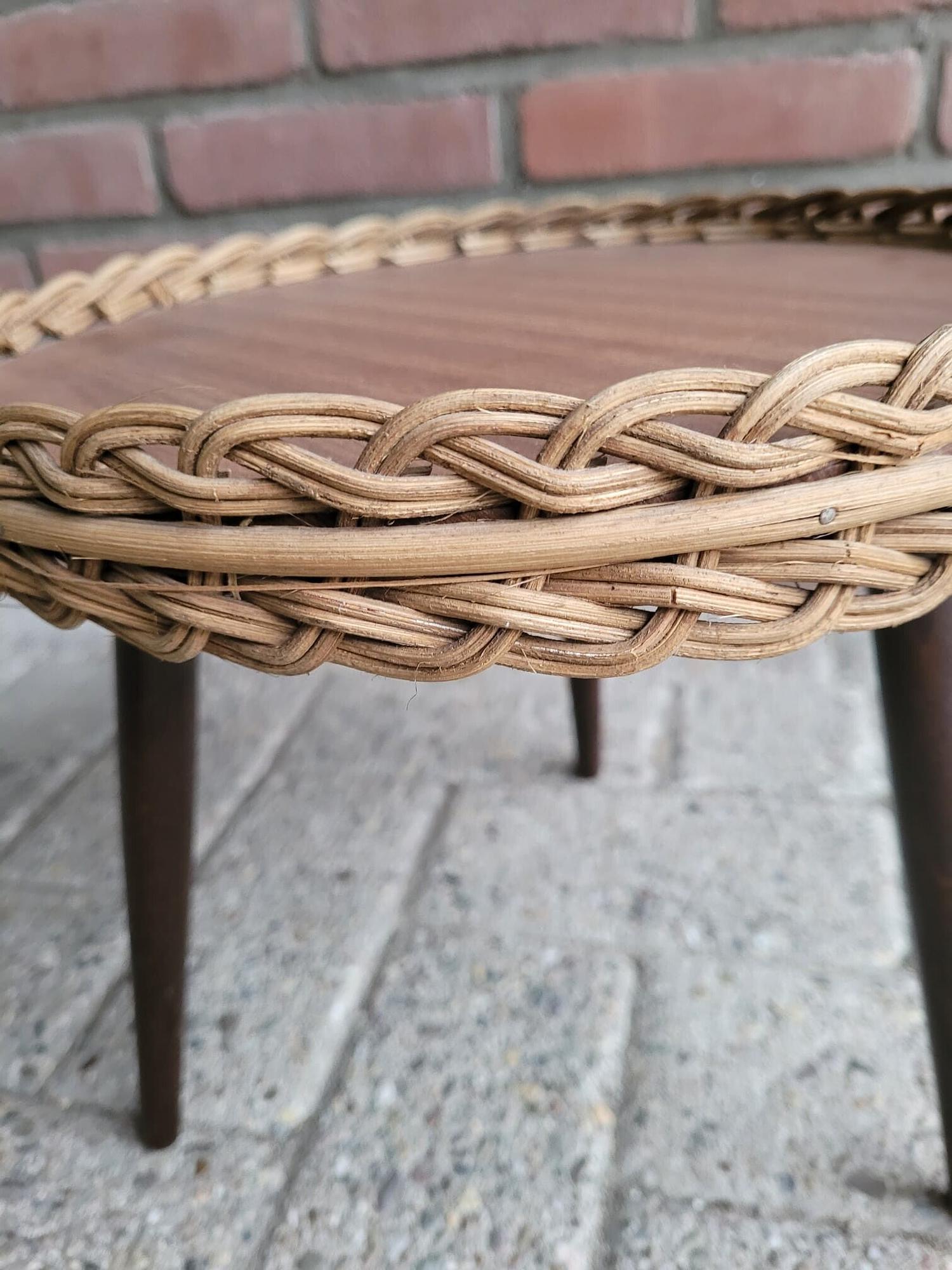Vintage Pflanzentisch Holz Rattan Braun 4
