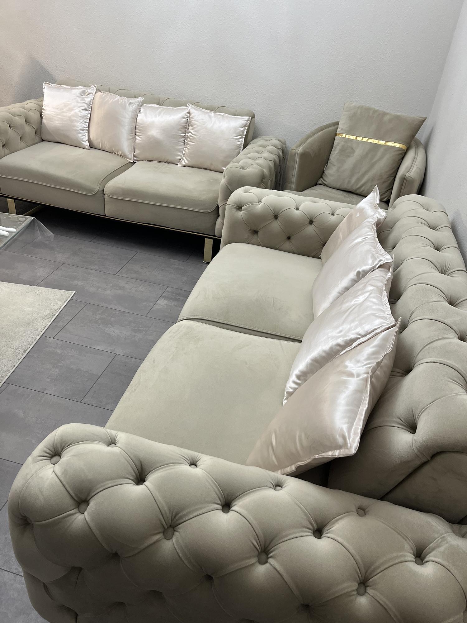 2x Sofa & Sessel Samt Beige 2