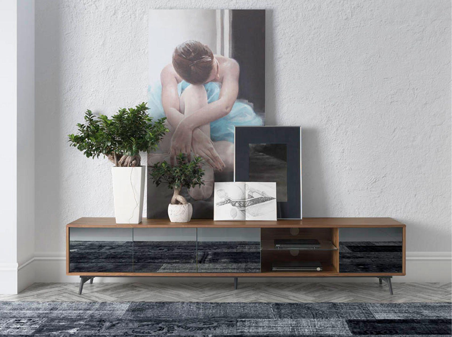 Lowboard Walnut wood Glass Steel Black 2