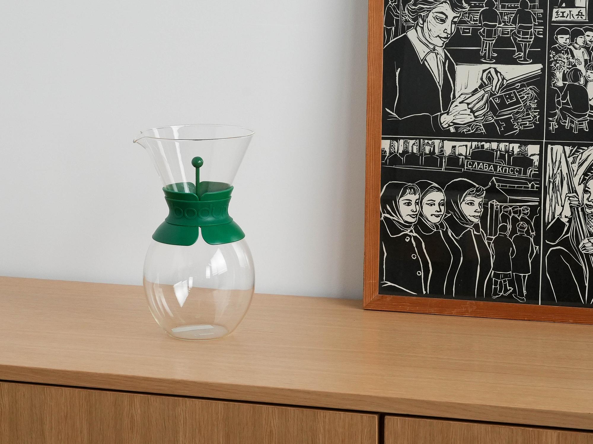 Caffettiera in vetro trasparente verde anni '80 1