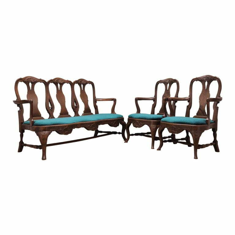 2x Vintage Chair & Bench Wood Velvet Blue 1970s 0