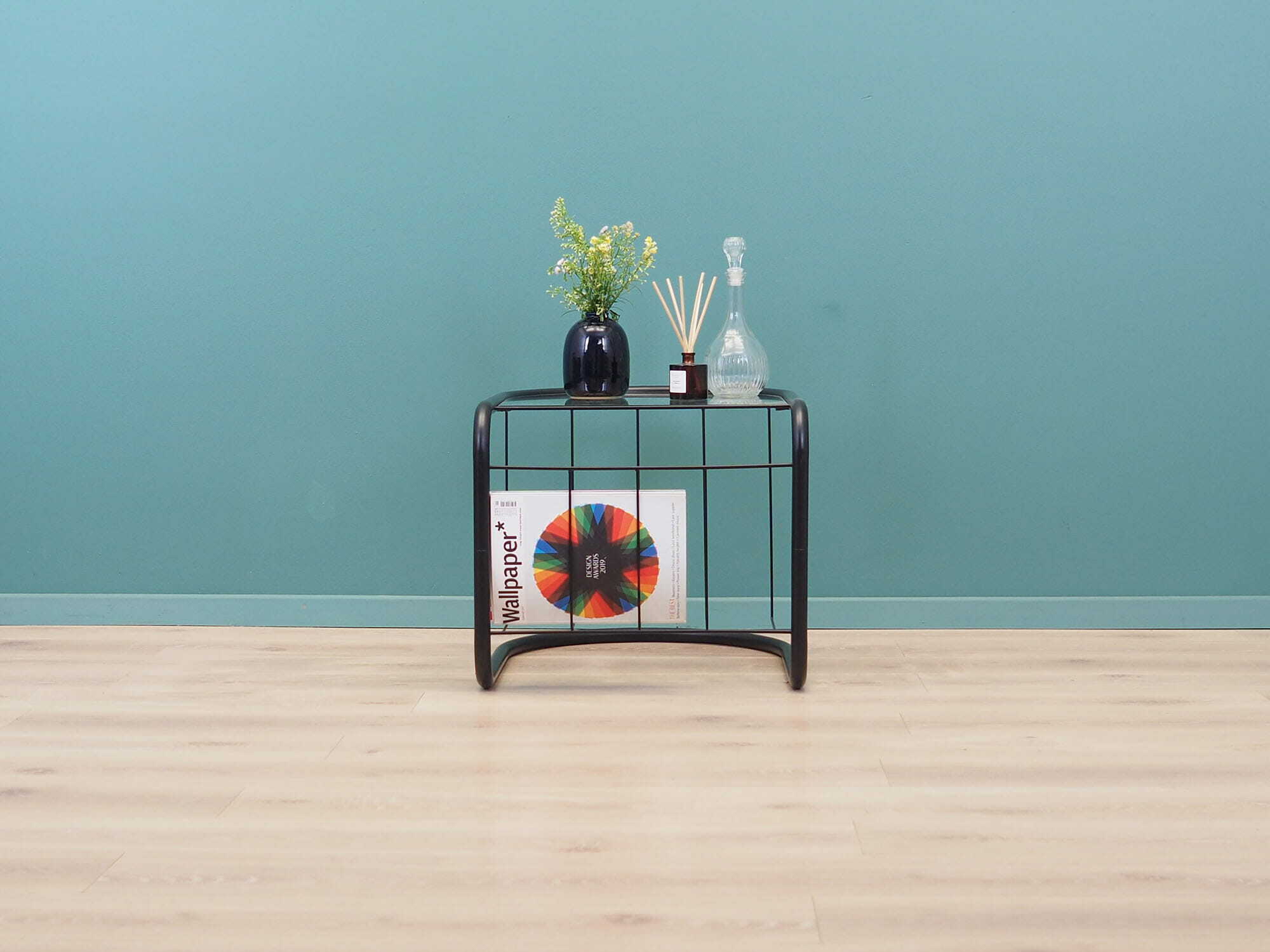 Vintage side table glass metal black 1970s 2