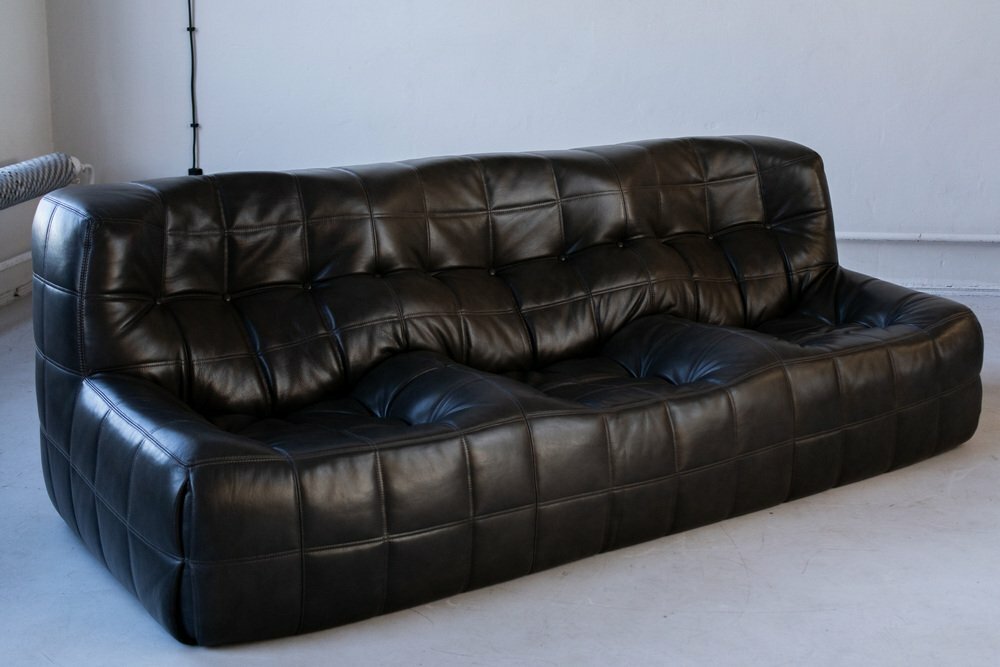 Vintage Michel Ducaroy Kashima Sofa-Set Leder Schwarz 3-tlg 5